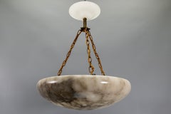 Art Deco Dark Veined Alabaster and Brass Three-Light Pendant Chandelier, 1920