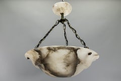 Art Deco Dark Veined Alabaster and Brass Three-Light Pendant Chandelier, France