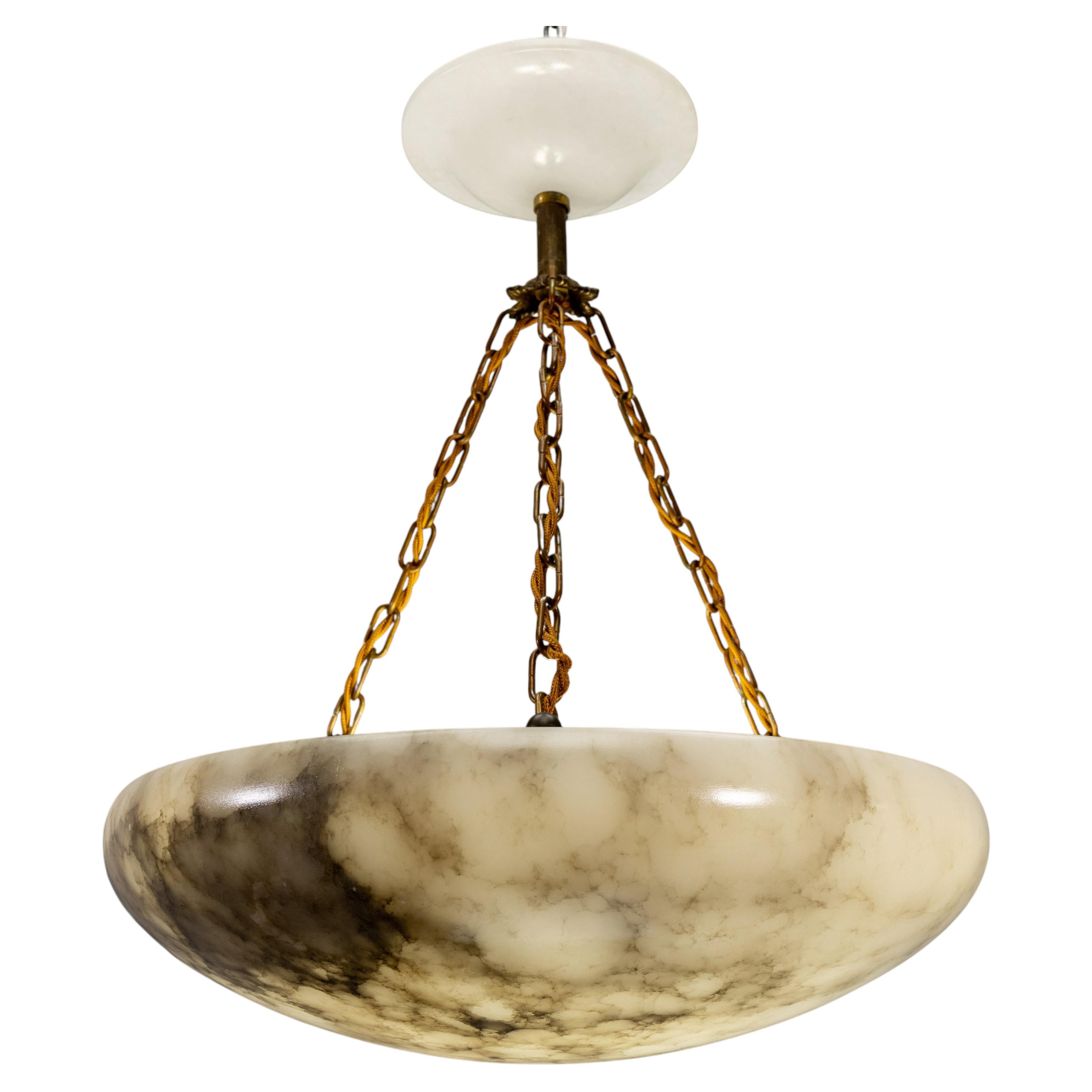 Art Deco Dark Veined Alabaster and Brass Three-Light Pendant Chandelier, 1920
