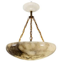 Art Deco Dark Veined Alabaster and Brass Three-Light Pendant Chandelier, 1920