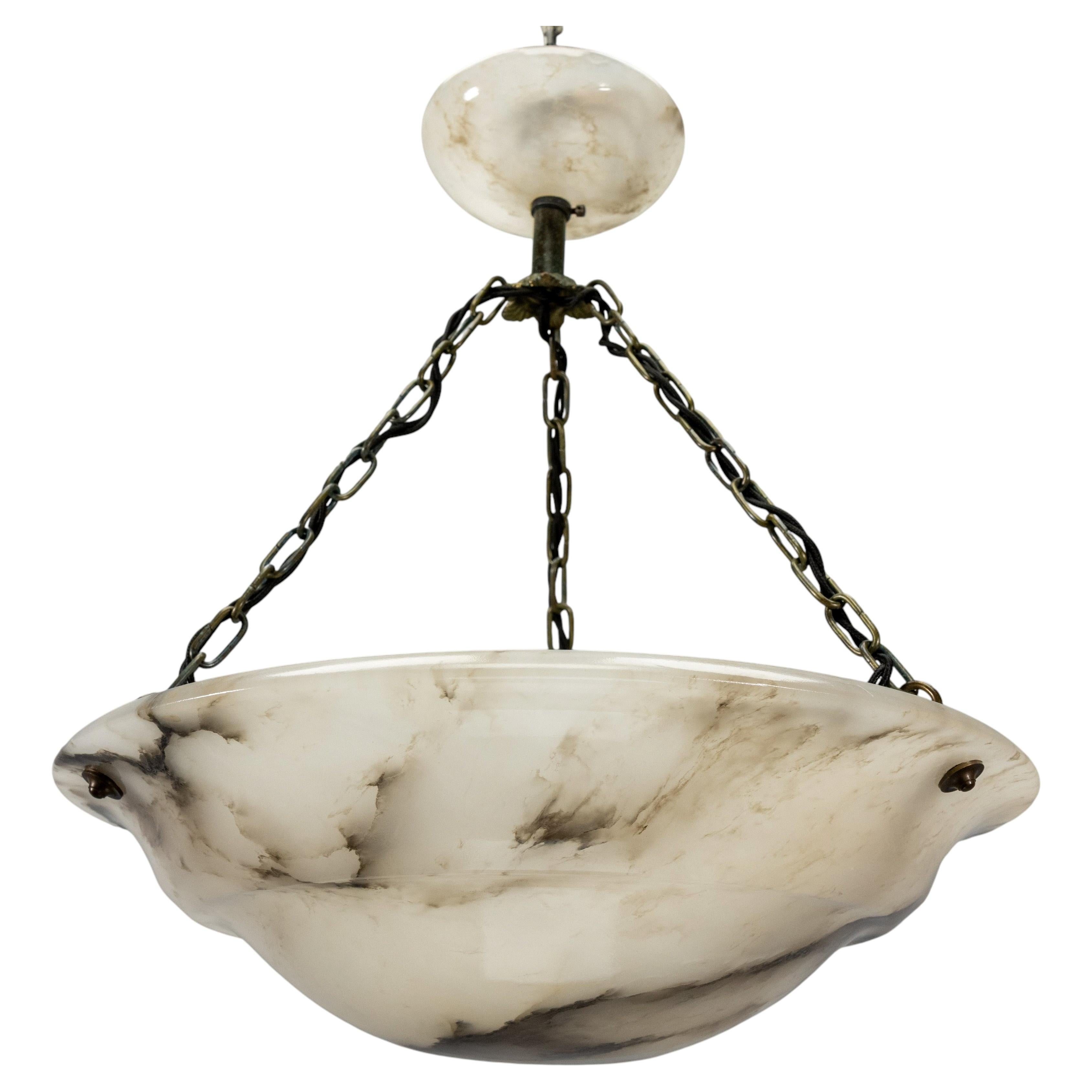 Art Deco Dark Veined Alabaster and Brass Three-Light Pendant Chandelier, France