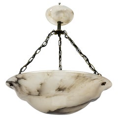 Art Deco Dark Veined Alabaster and Brass Three-Light Pendant Chandelier, France
