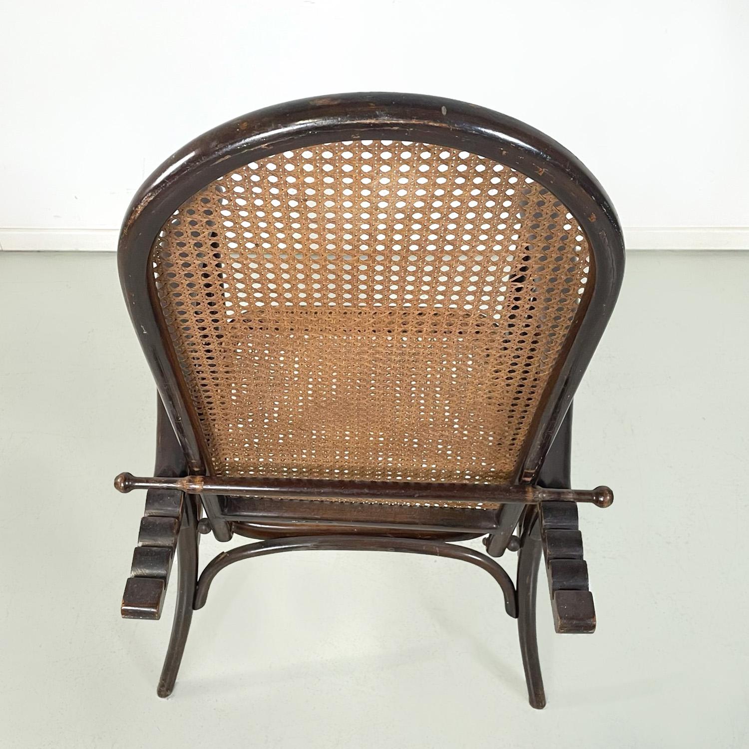 Art deco dark wood and straw armchair with reclining backrest, early 1900s For Sale 5