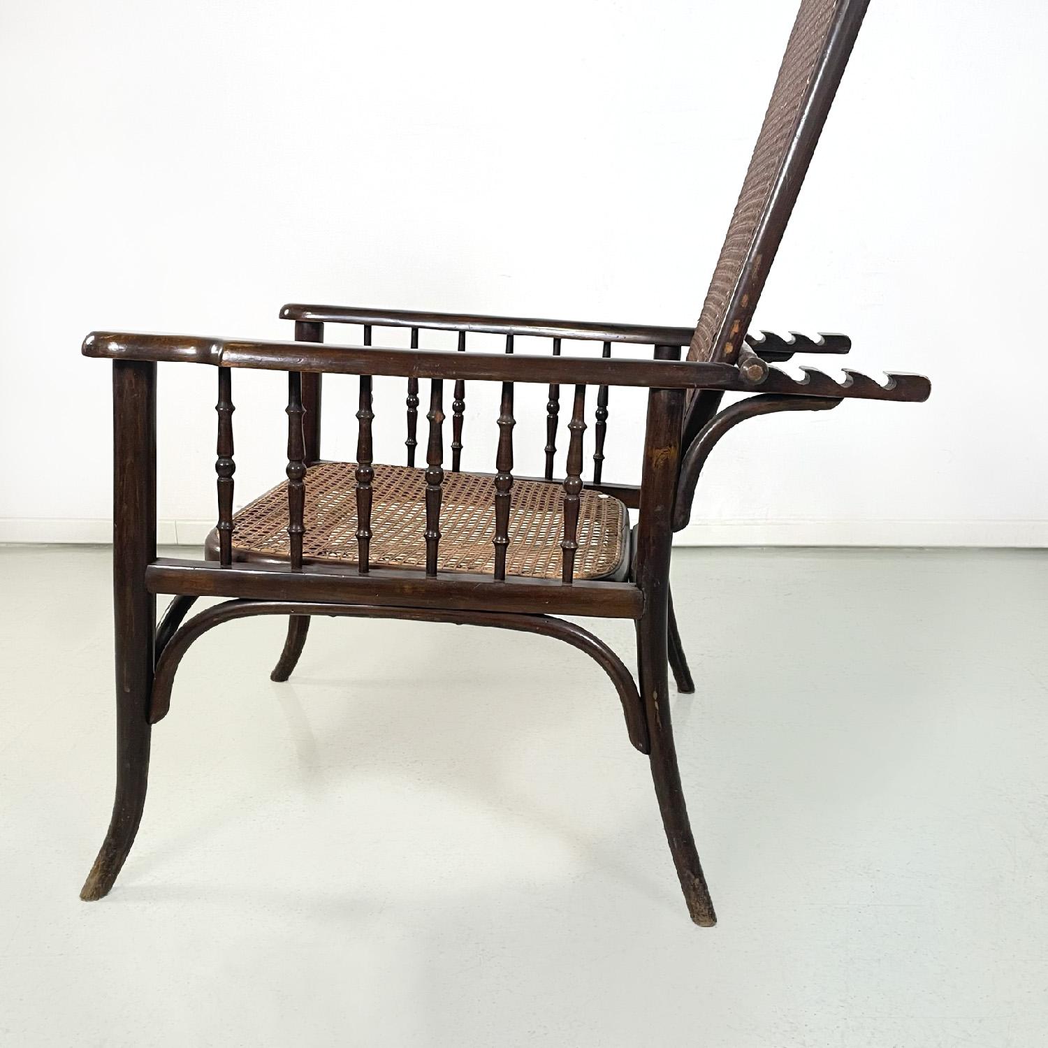 20th Century Art deco dark wood and straw armchair with reclining backrest, early 1900s For Sale