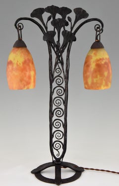 Art Deco Daum Glass Lamp Wrought Iron Base Daum, 1924