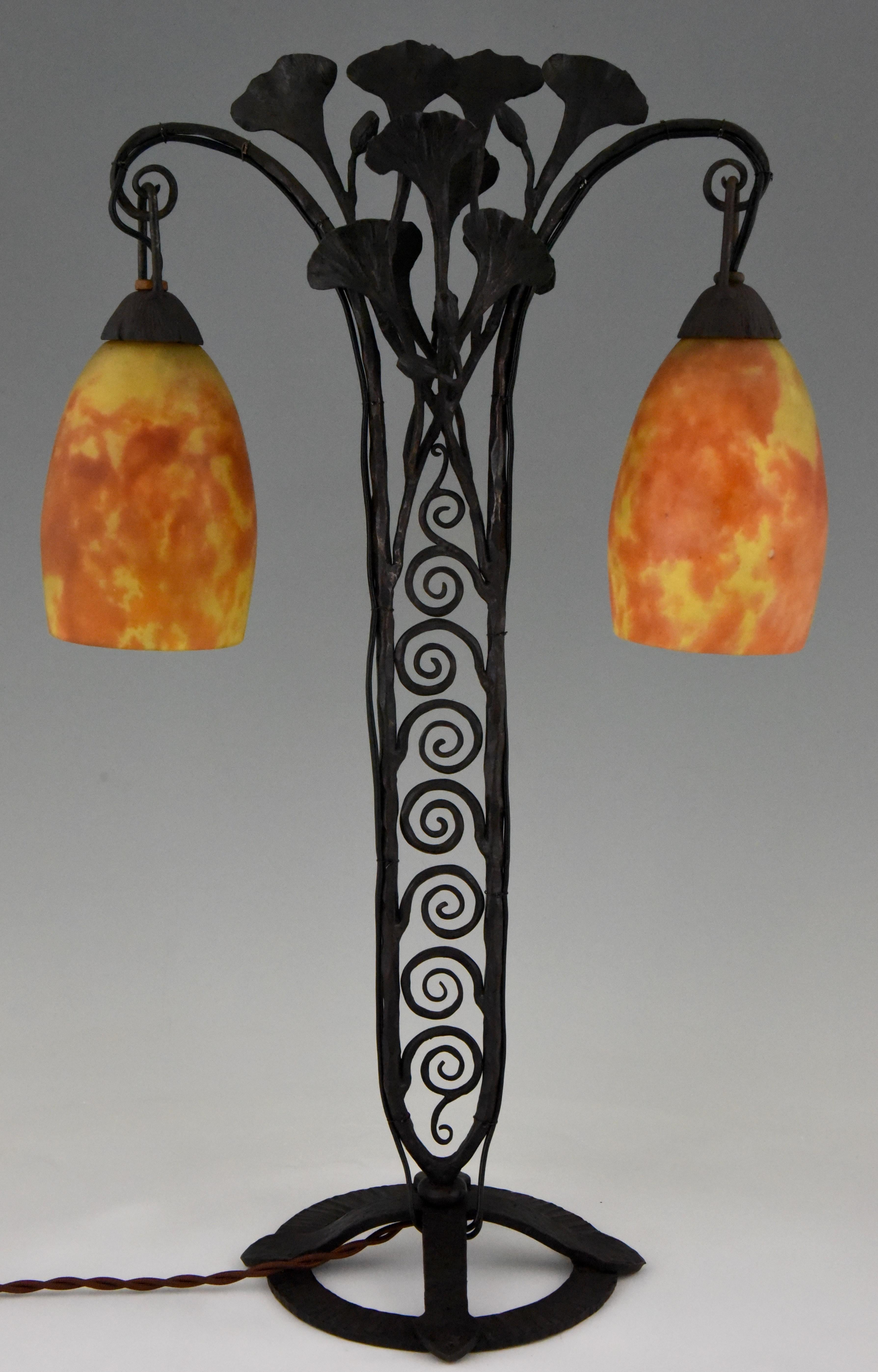 Art Glass Art Deco Daum Glass Lamp Wrought Iron Base Daum, 1924
