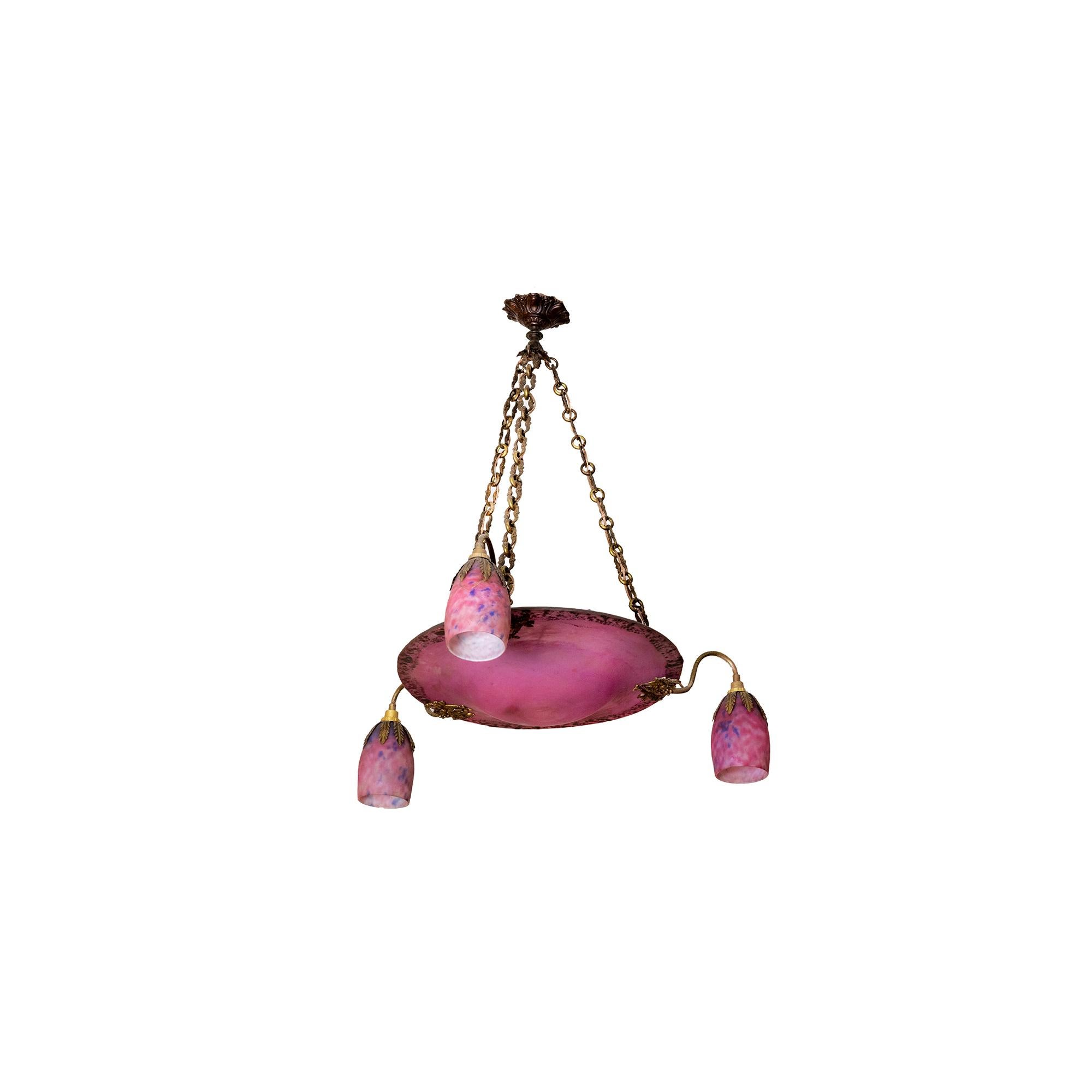 French Art Deco Daum Pink Glass Chandelier For Sale
