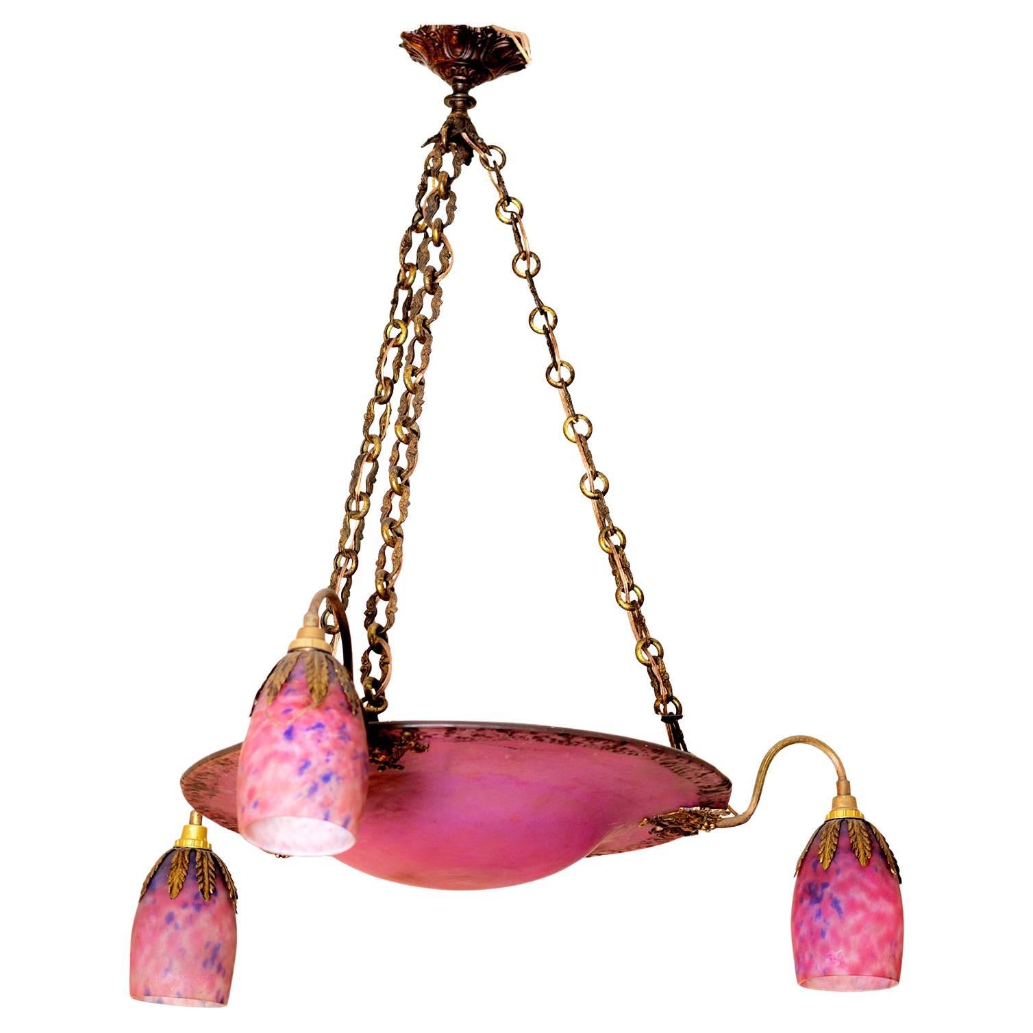 Art Deco Daum Pink Glass Chandelier For Sale