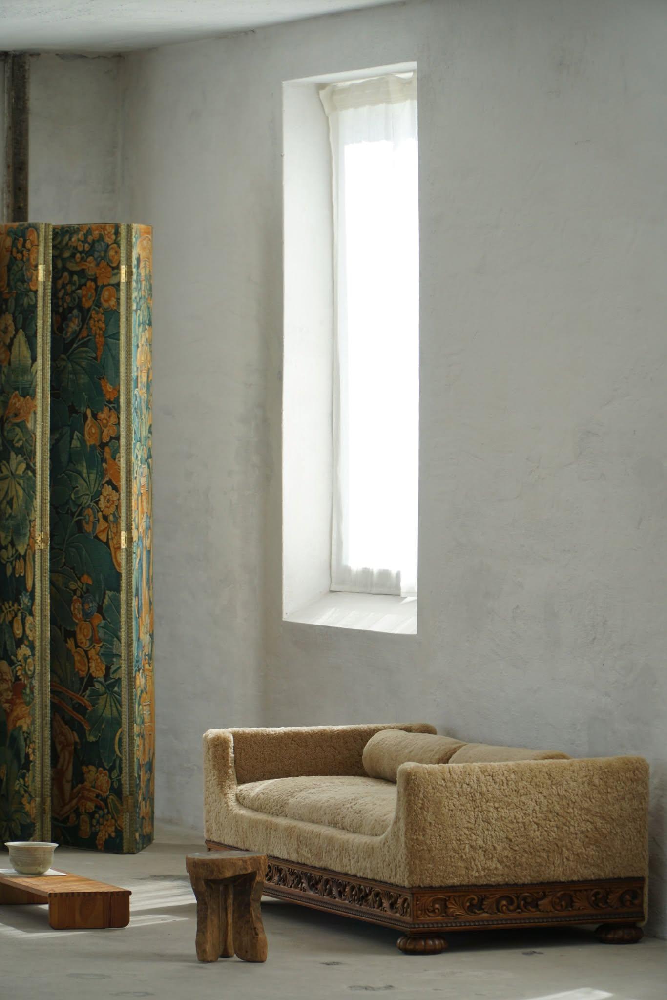 Art Deco, letto da giorno rivestito in lana d'agnello, Swedish Grace, Otto Schulz, anni '30 3