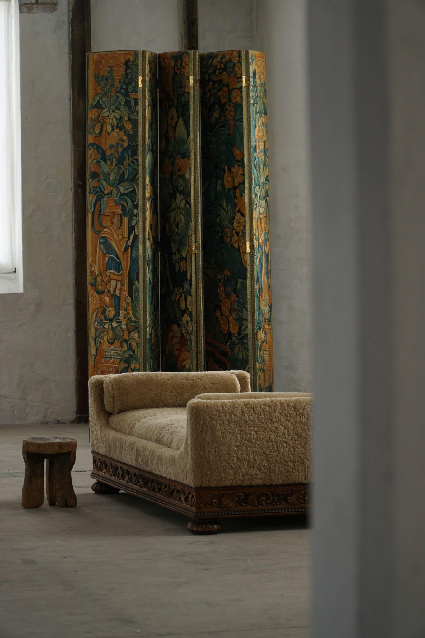 Art Deco, letto da giorno rivestito in lana d'agnello, Swedish Grace, Otto Schulz, anni '30 5