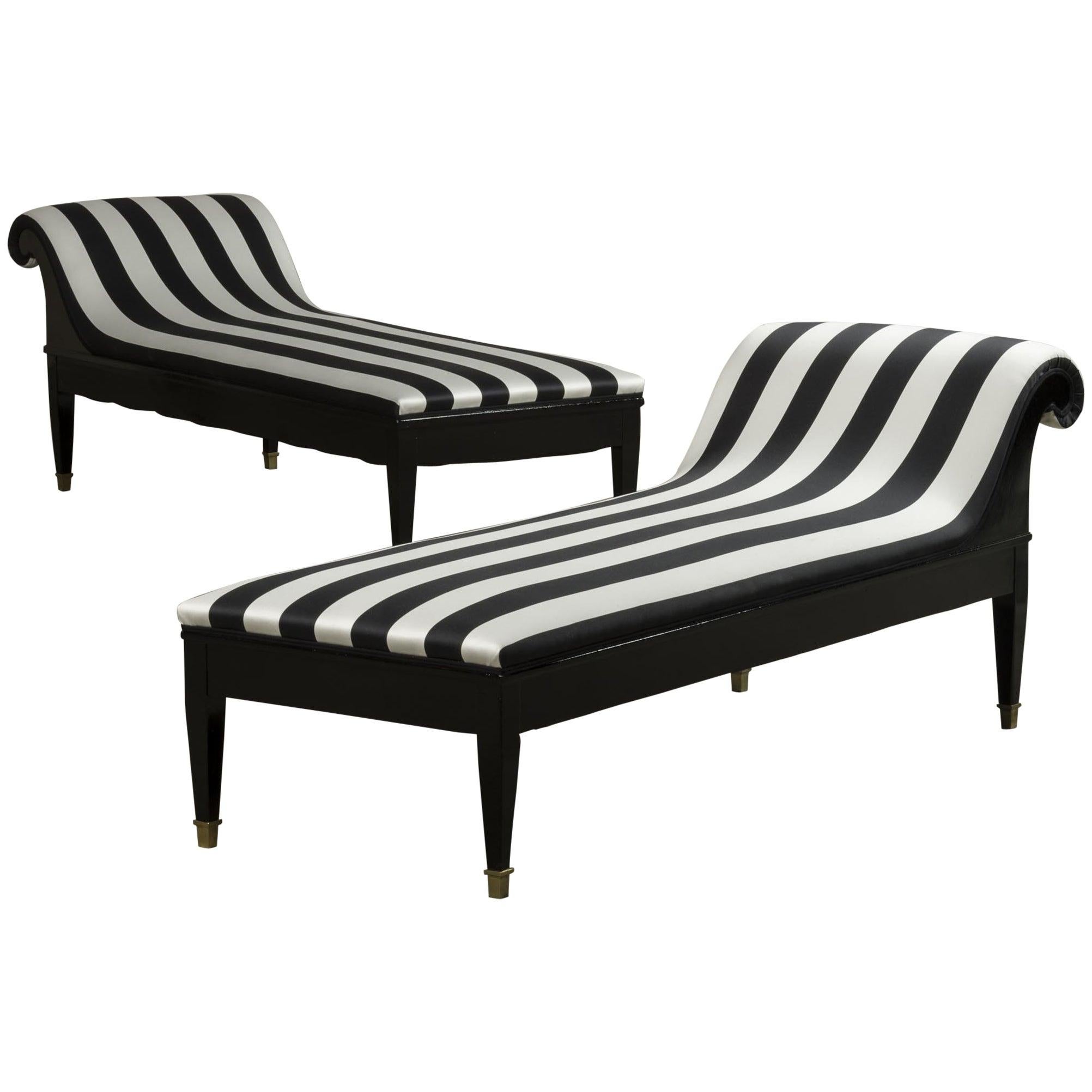 Art Deco Daybed Upholstered with Black and White Striped Fabric