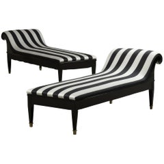 Antique Art Deco Daybed Upholstered with Black and White Striped Fabric