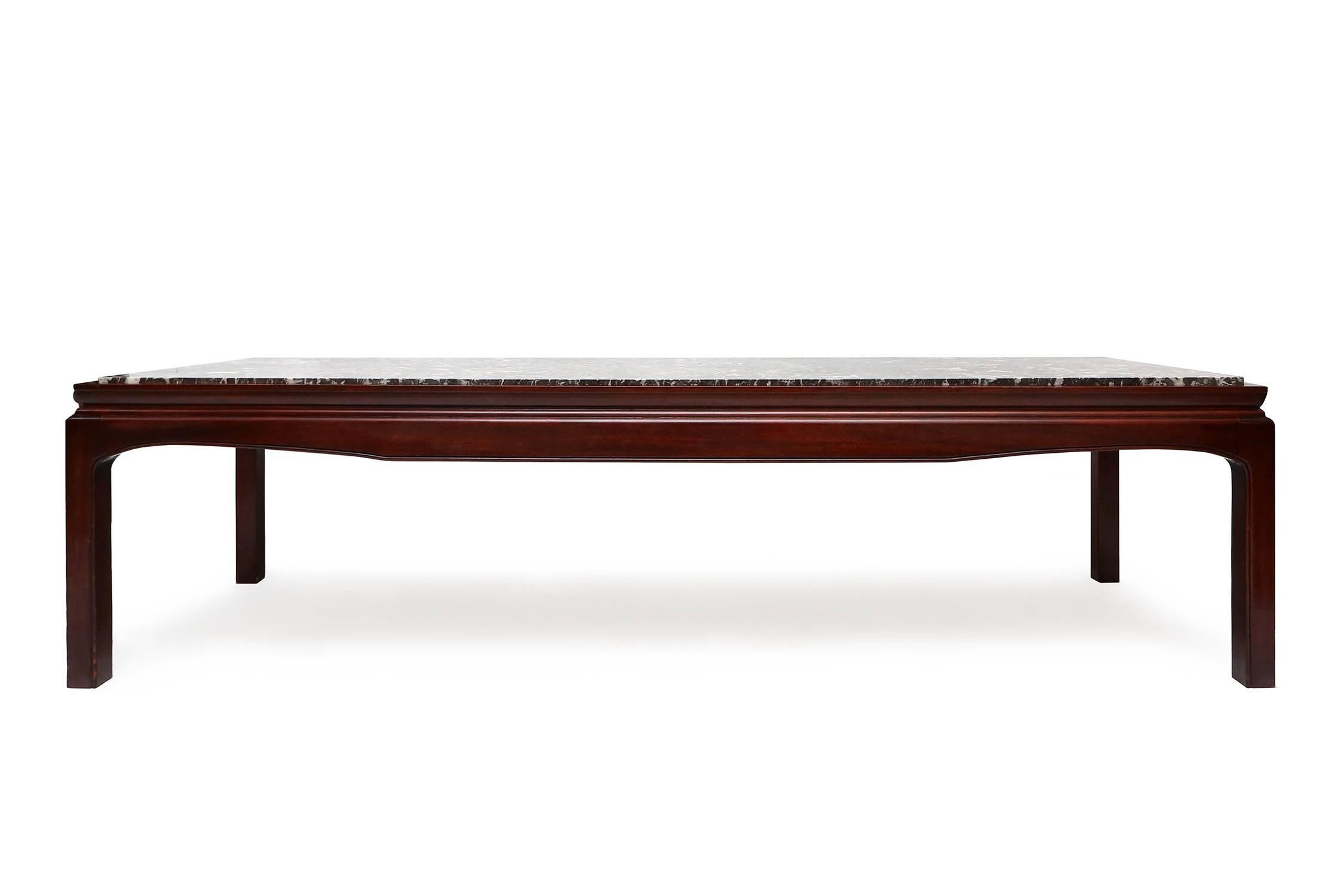 Mahogany and marble coffee table by De Coene in Japanoiserie style, 

Belgium, circa 1950.

Measures: L 200 cm, H 50 cm, D 65 cm.