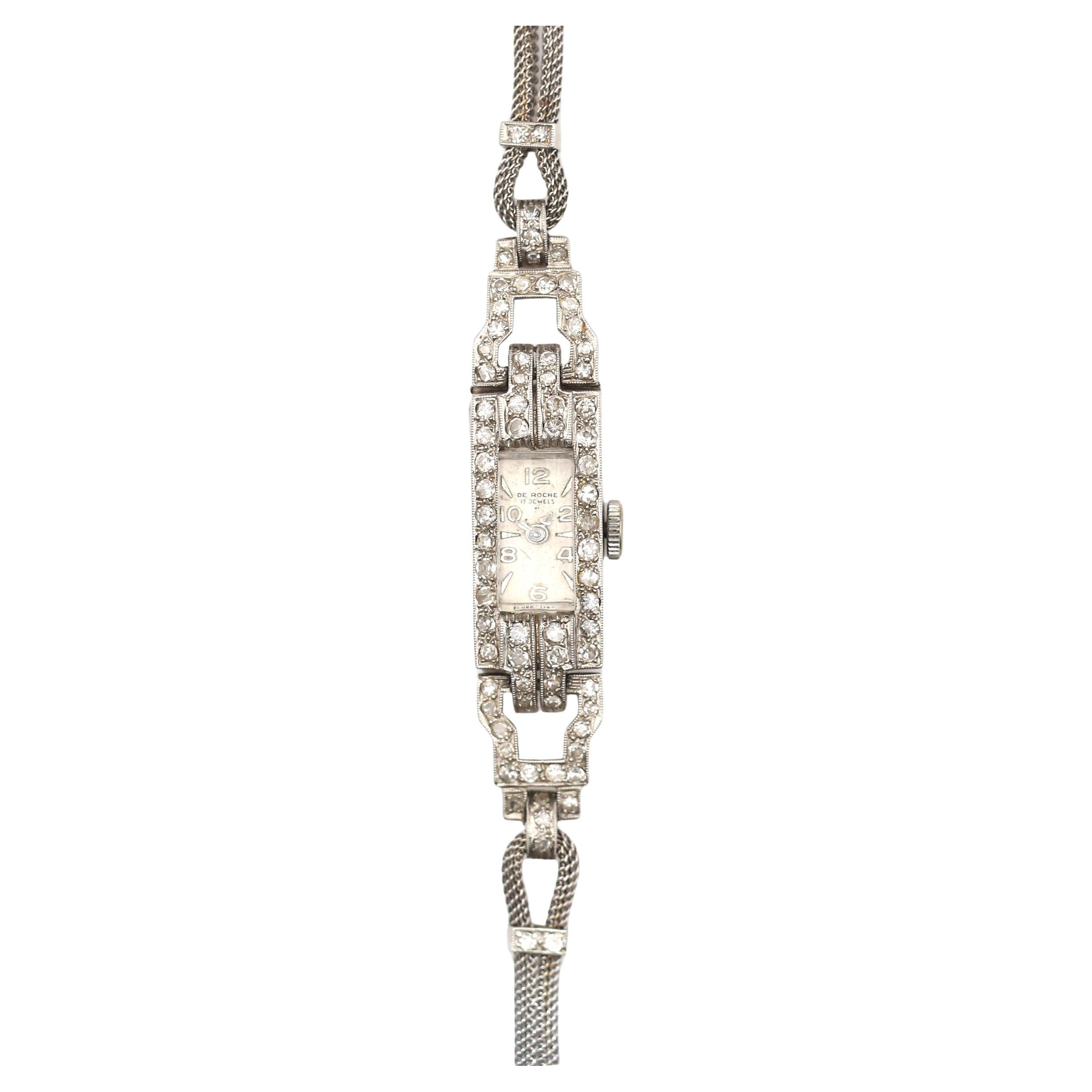 Art Deco De Roche Platin-Diamant Damen Art Deco Antike Uhr, 1925