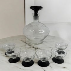 Art Deco Decanter & 6 Glasses Set Clear & Black, Vintage German 1930s