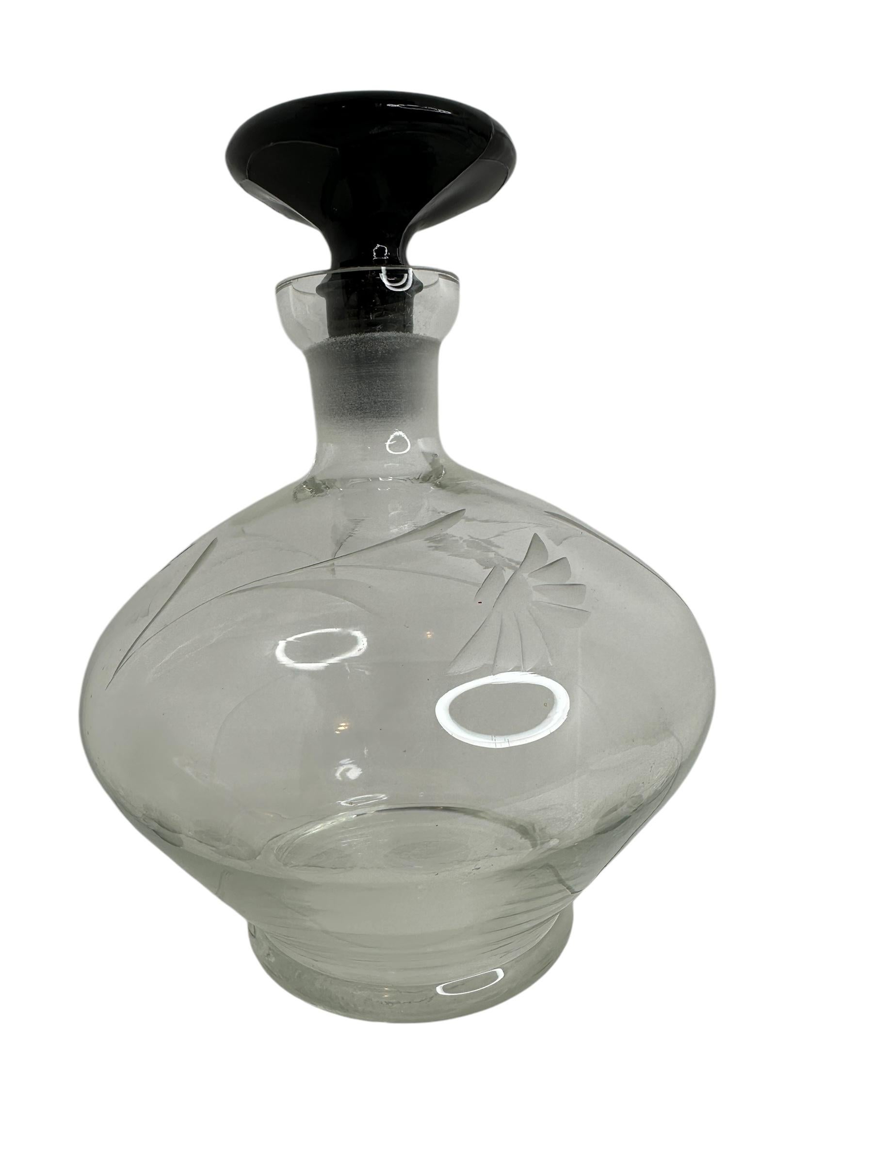 Art Deco Decanter & 6 Glasses Set Clear & Black, Vintage German 1930s For Sale 2
