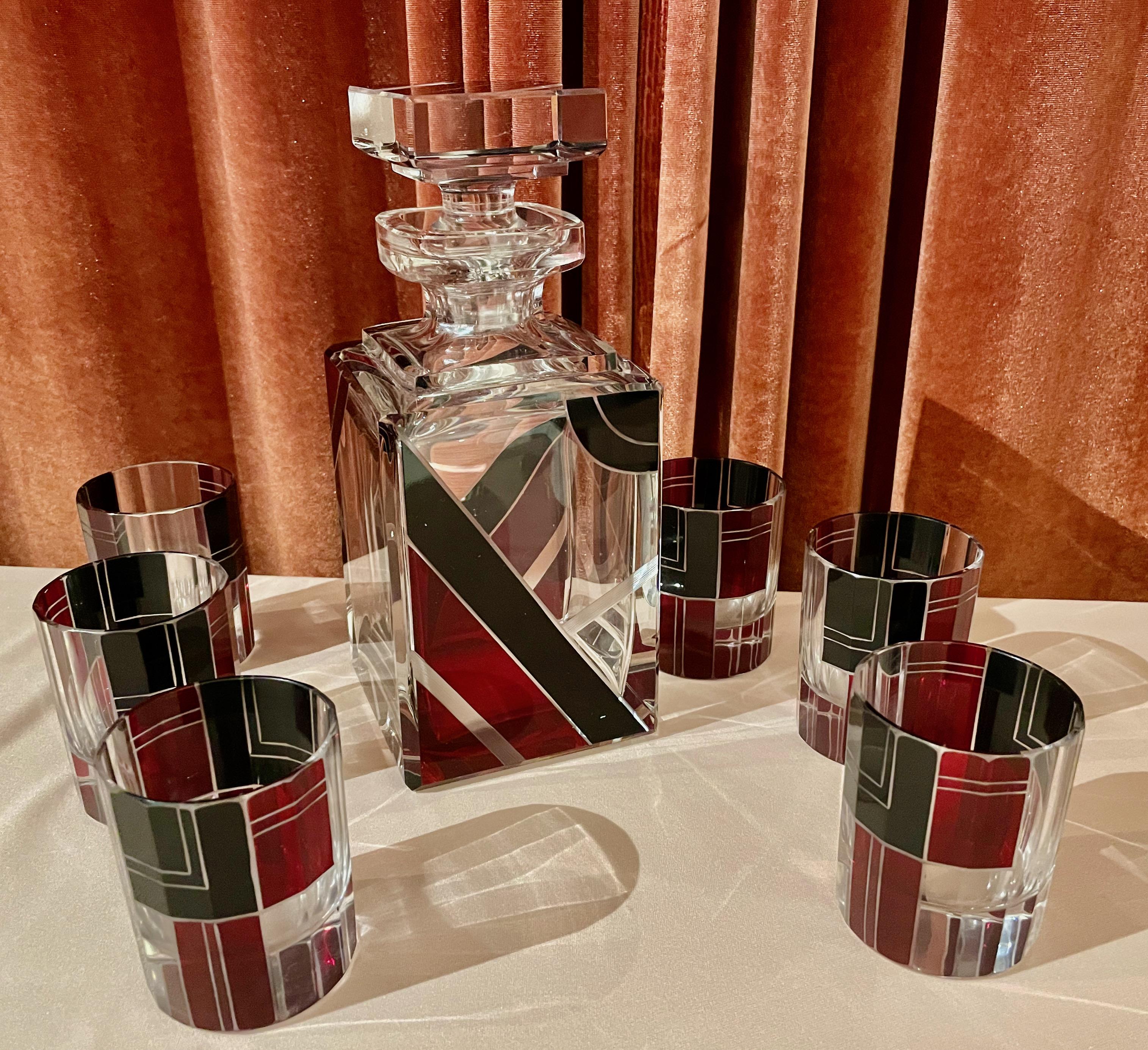 This decanter and glasses design by Karl Palda are one of the nicest we have ever offered. All of the designs by this forward-thinking artist from the deco era in Czechoslovakia are quite wonderful but what sets this apart is the size of the glasses