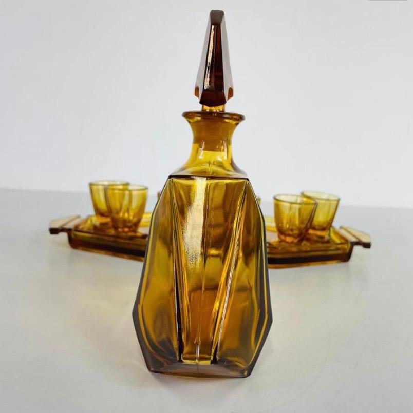 Mid-20th Century Art Deco Decanter Carafe Set with Glasses and Tray, Bohemia Glass, circa 1930