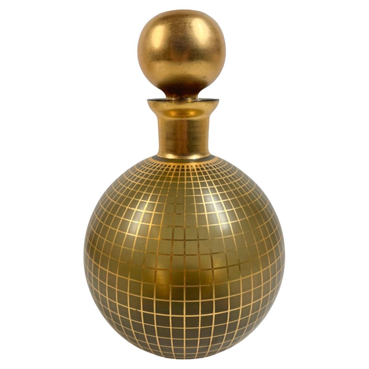 Art Deco Decanter Set, Ball Shaped Decanter & Snifter Shape Glass with Gold Grid For Sale