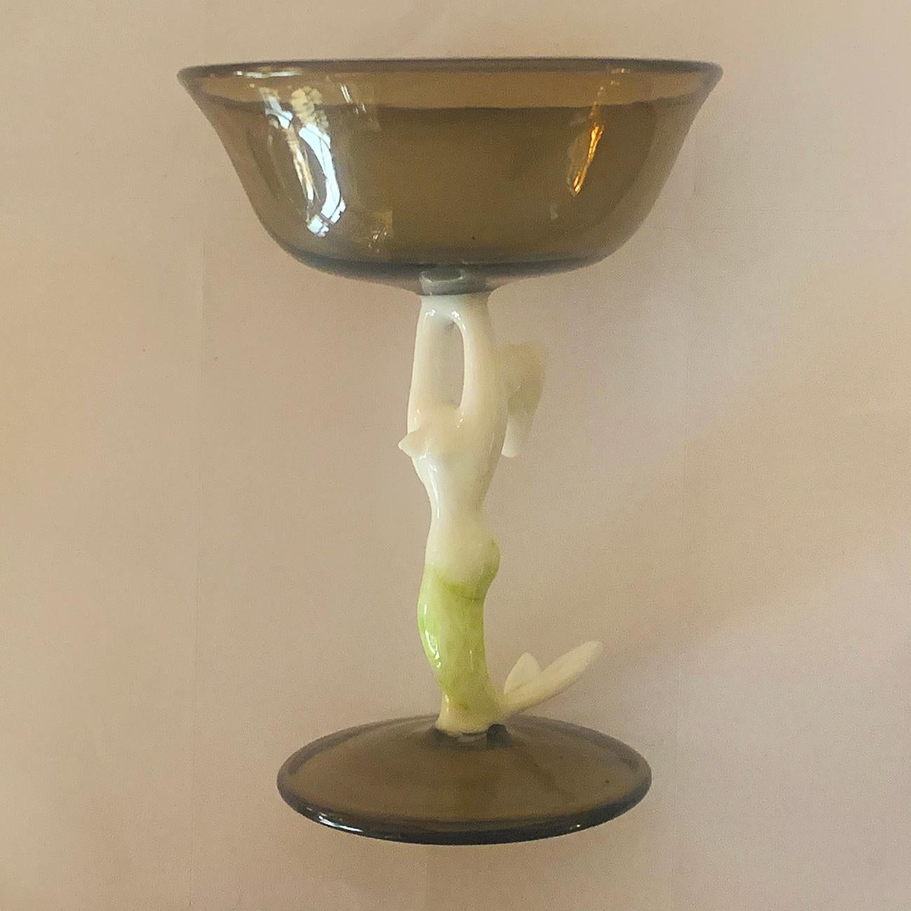Art Deco Bimini Werkstatte mermaid decanter set with 2 mermaid glasses, in the very finest of glass, in intricate design of white Mermaids with a touch of green to tails, both within the decanter and as stems to the Liquor Glasses. The glass is so