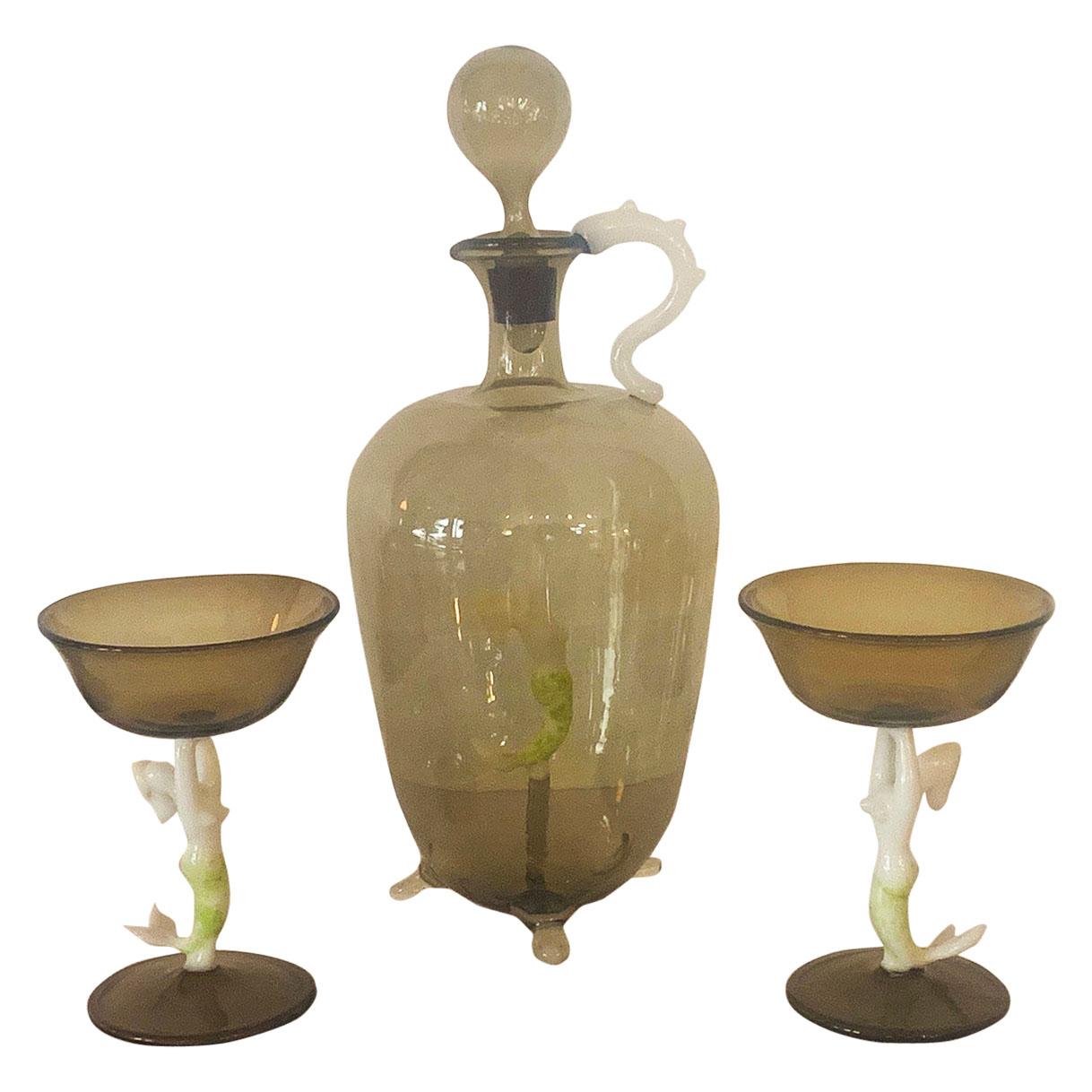 Art Deco Decanter Set by Bimini Werkstate, Stems of the Glasses as Mermaids For Sale