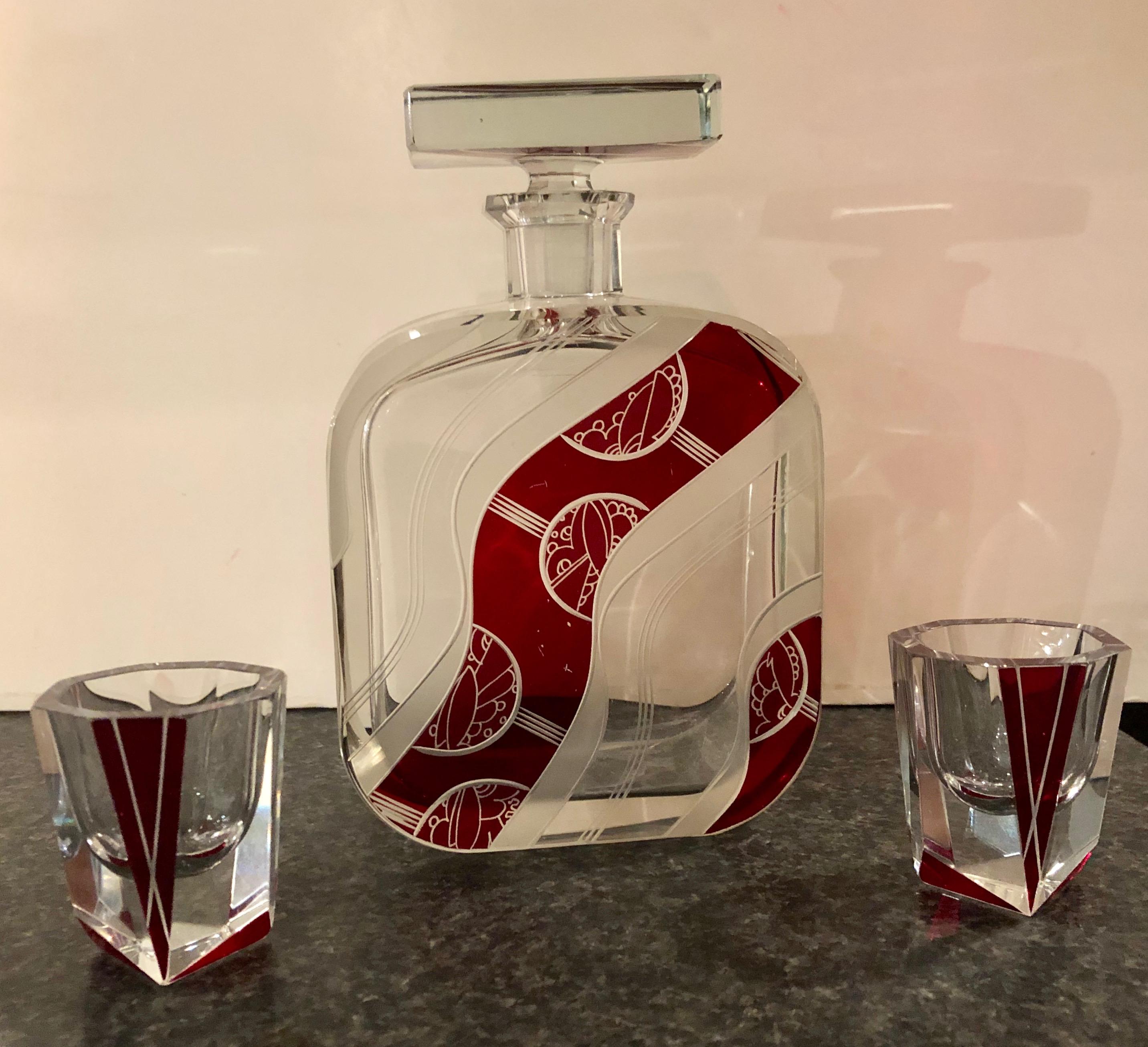 Art Deco Decanter Set in Red and Clear Czech Crystal 4