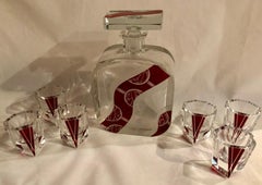 Art Deco Decanter Set in Red and Clear Czech Crystal
