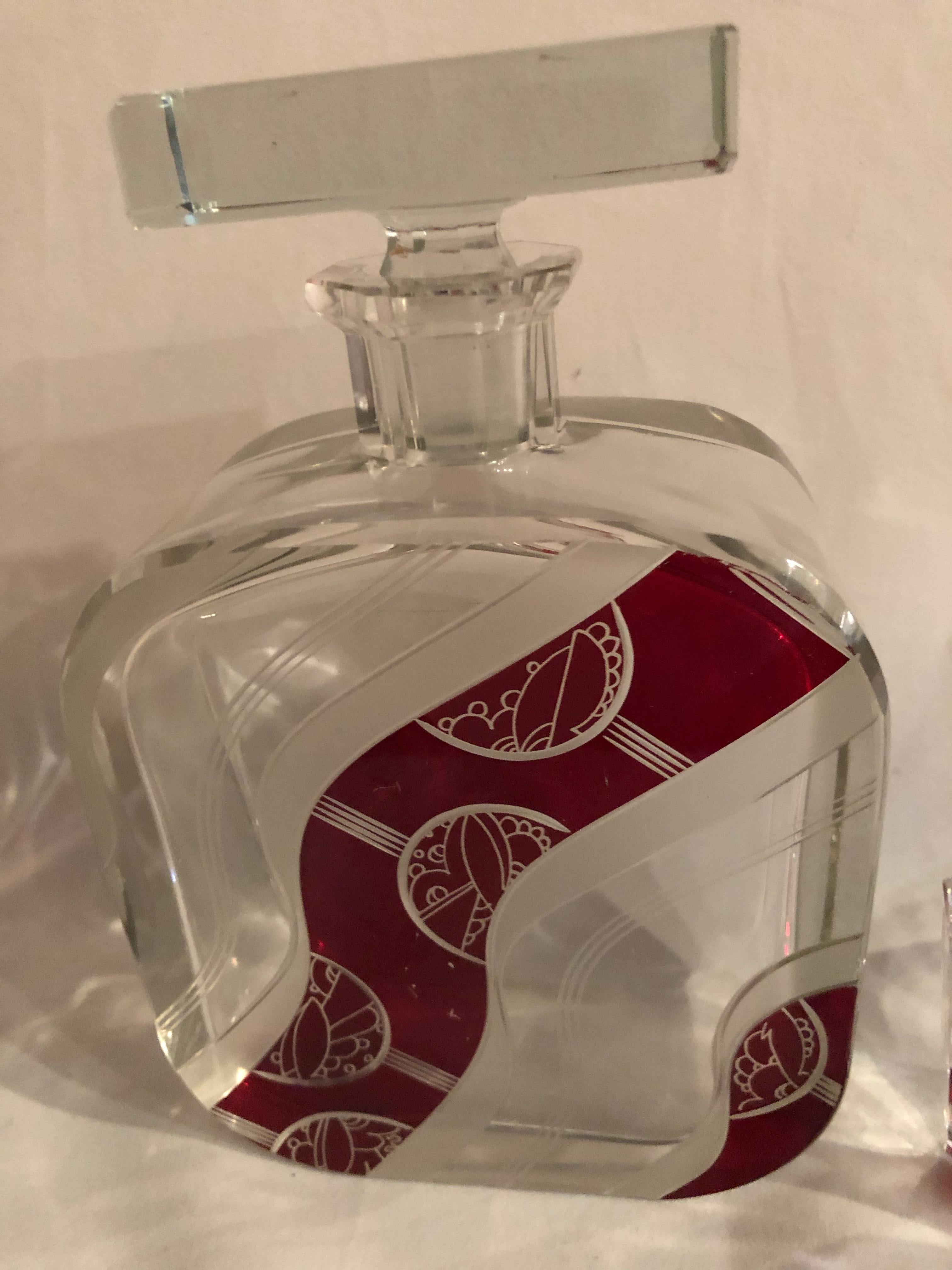 Art Deco Decanter Set in Red and Clear Czech Crystal In Good Condition In Oakland, CA