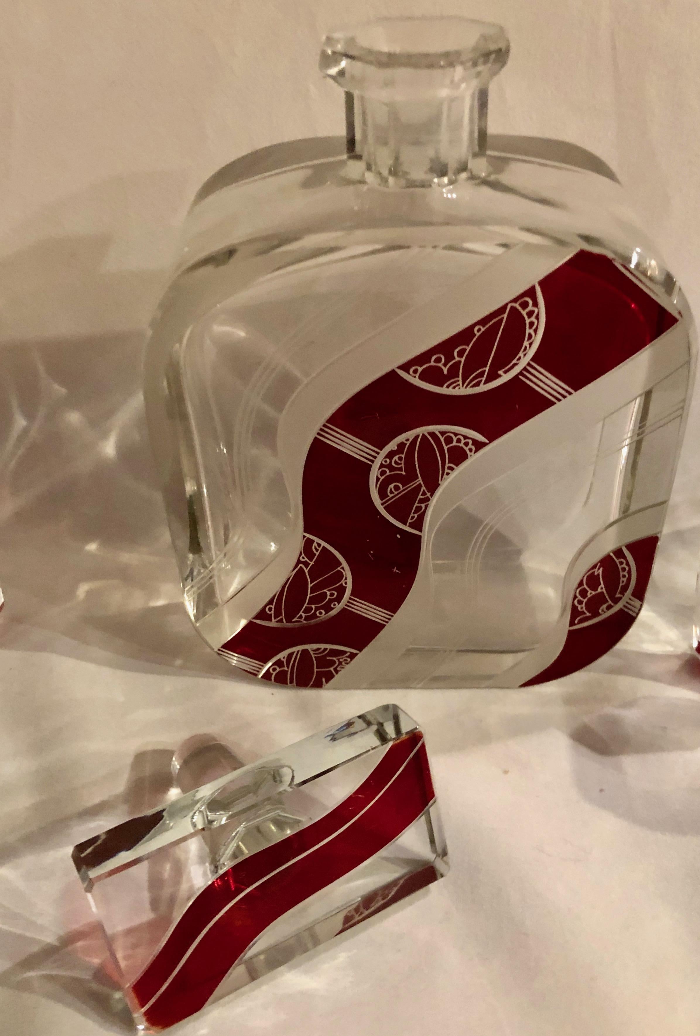 Mid-20th Century Art Deco Decanter Set in Red and Clear Czech Crystal
