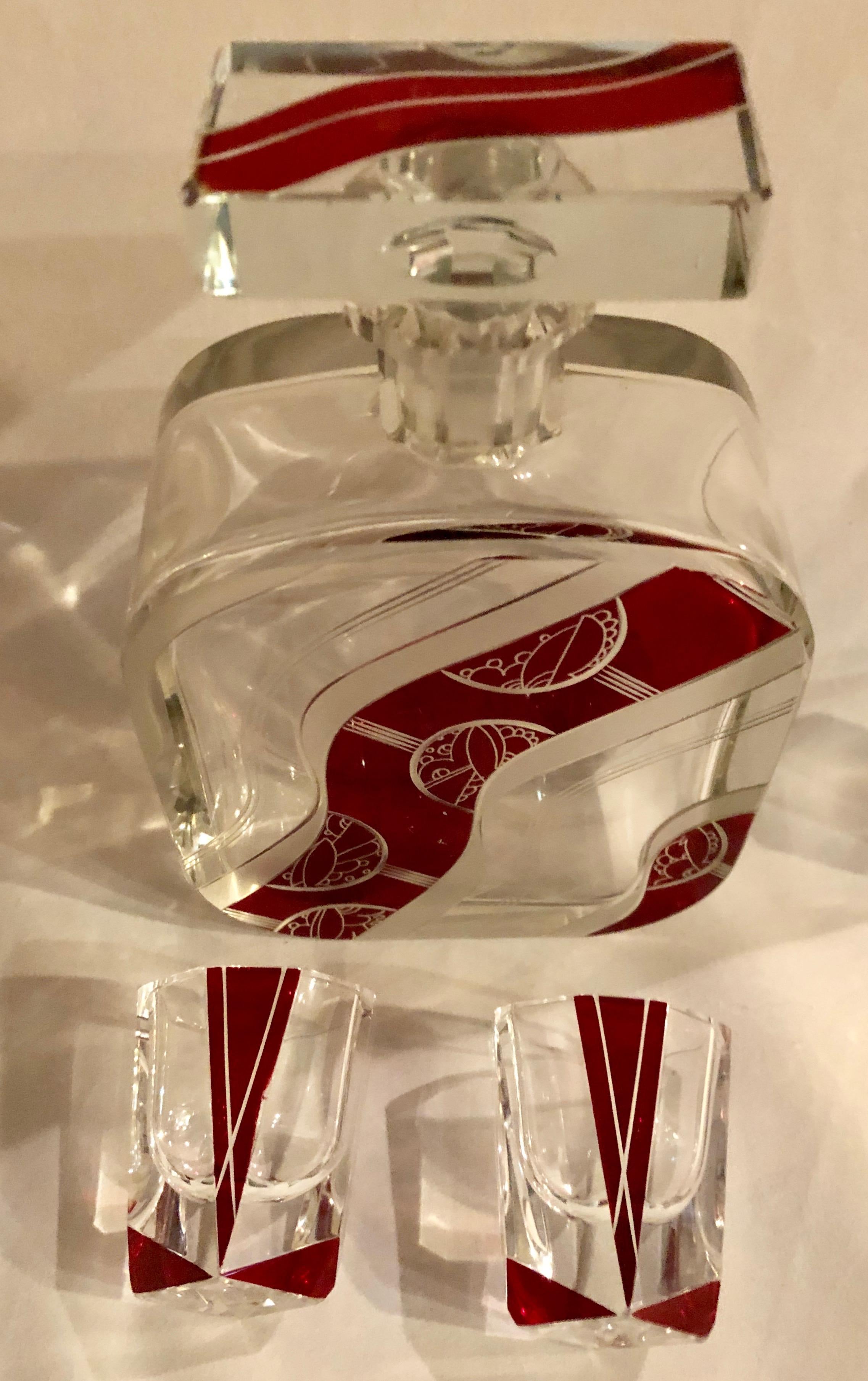 Enamel Art Deco Decanter Set in Red and Clear Czech Crystal