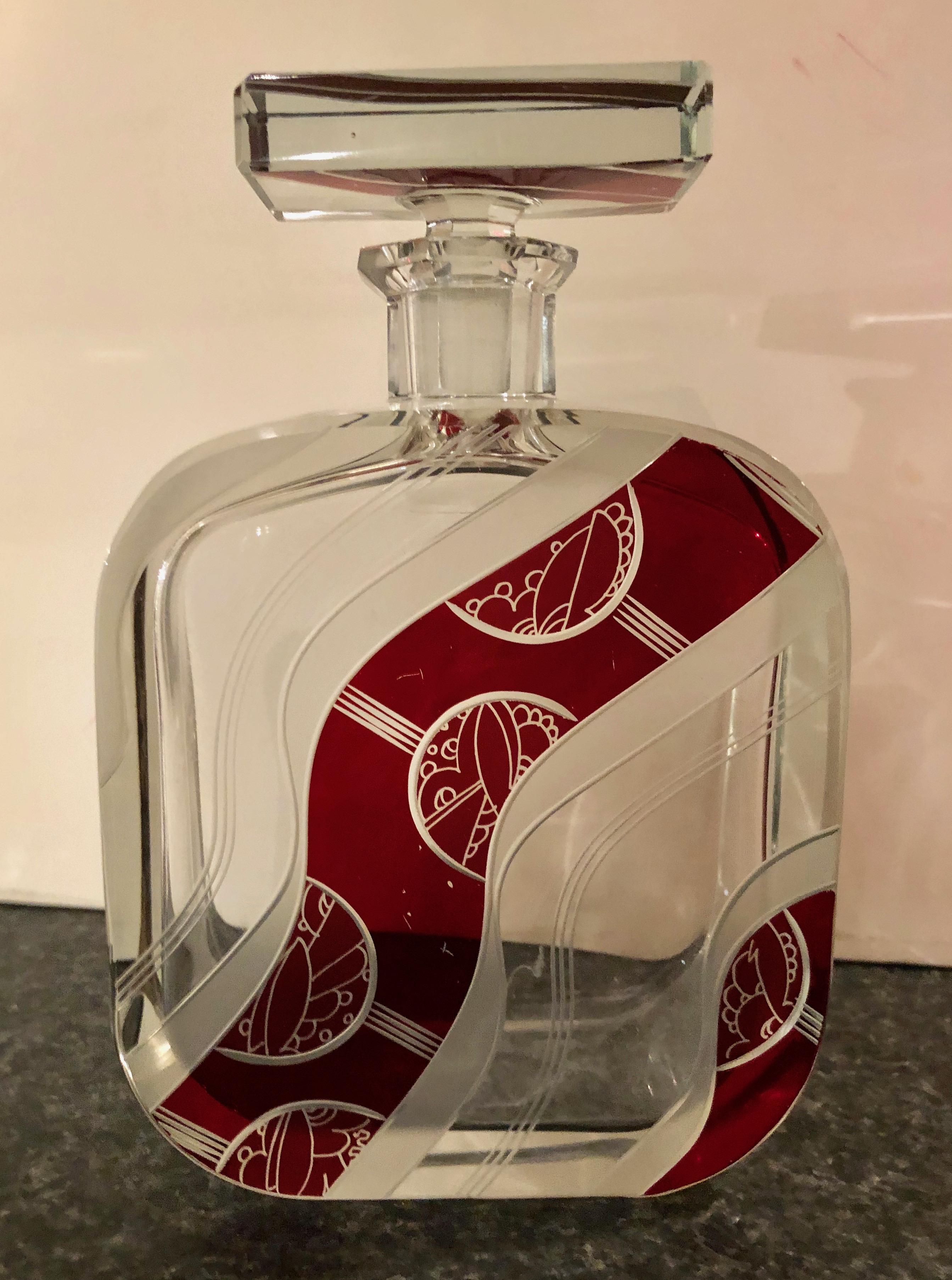 Art Deco Decanter Set in Red and Clear Czech Crystal 2