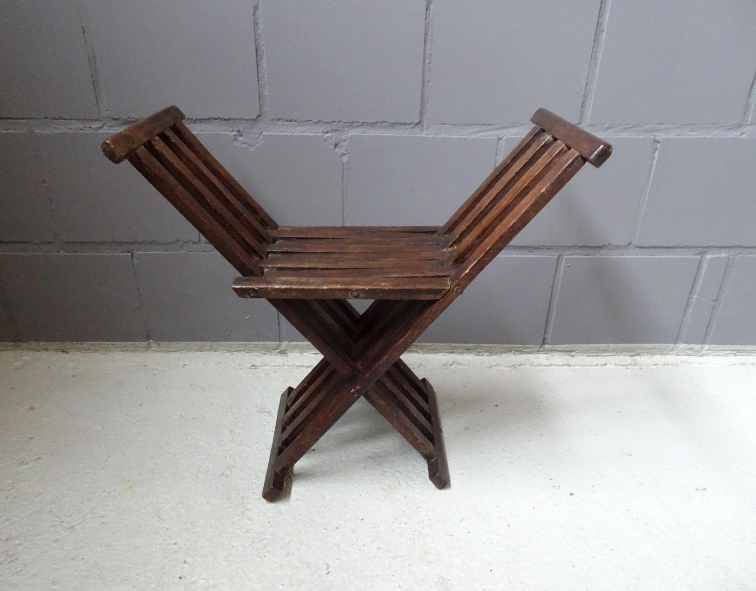 Hand-Crafted Art Deco Deck Chair, Primitive Folding Scissor Stool