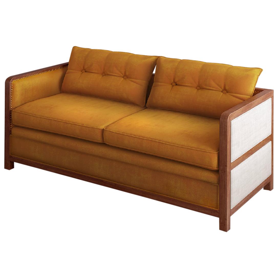 Deconstructed Bacco Sofa in Natural Walnut, Linen and Brass Studs