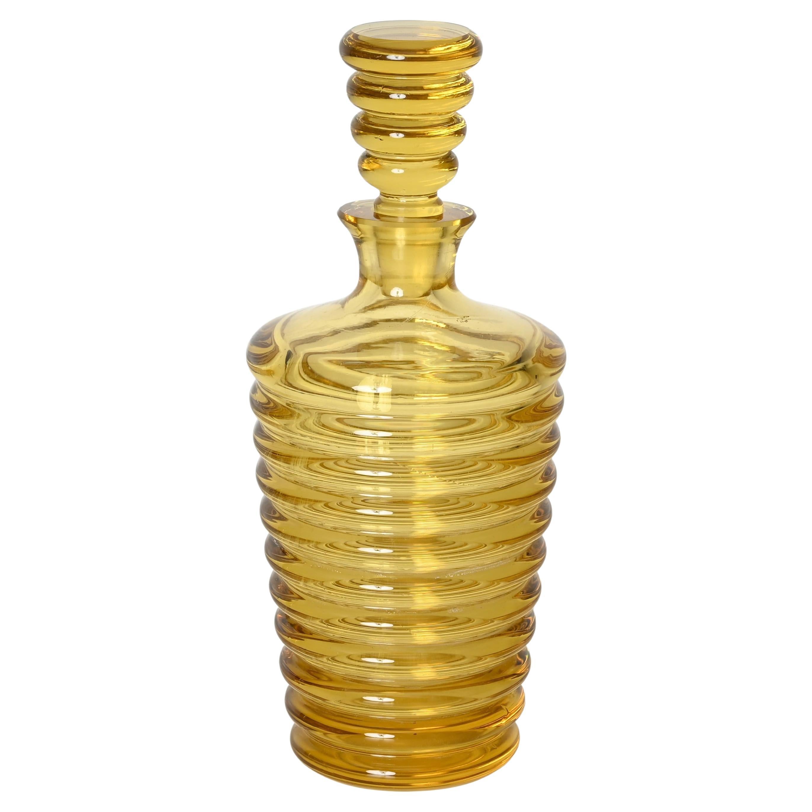 Botella Decorativa Art Decó de Vidrio Soplado de Murano Amarillo Italiana, Años 30
