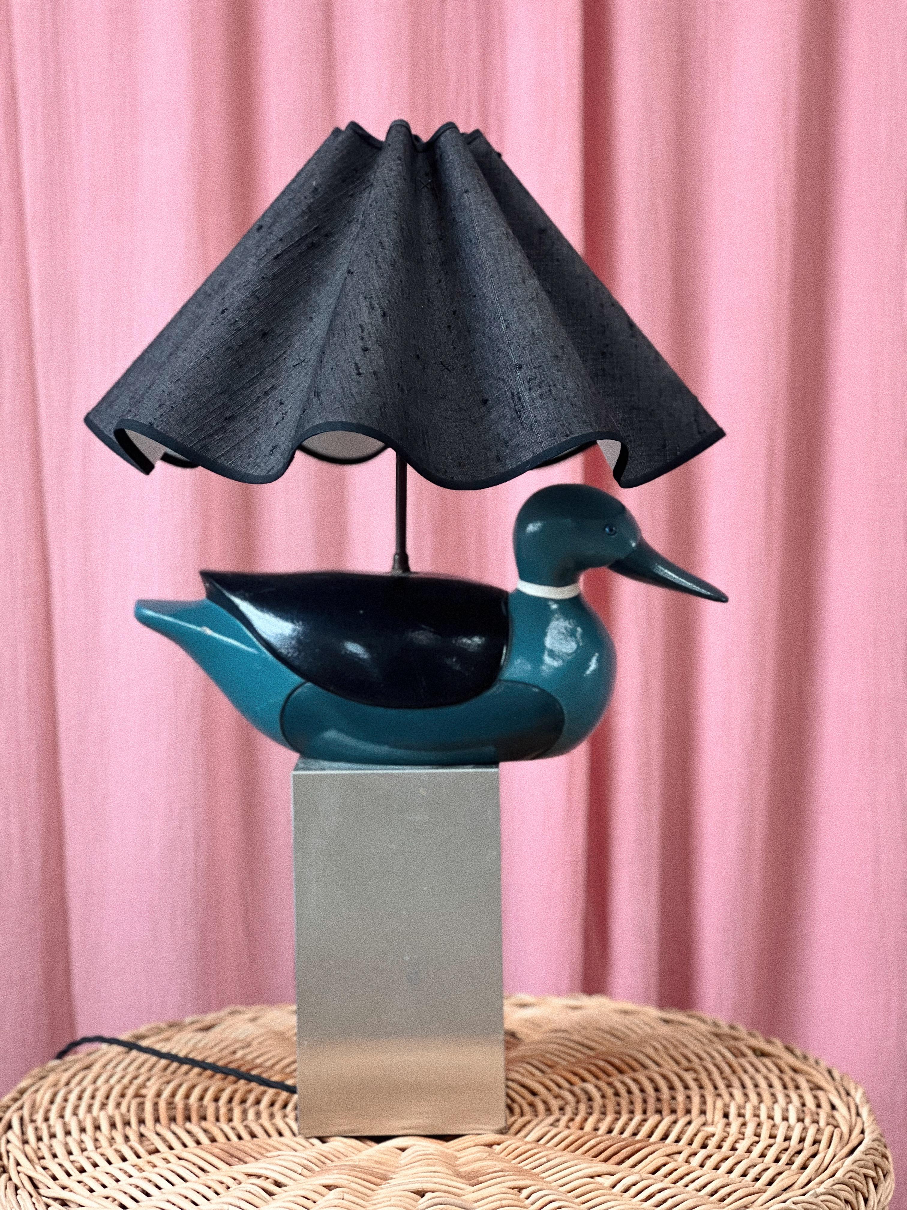 A spectacular pair of 1920 french duck lamps, originally purchased from a huge Manor House in the south of France. Hand turned wooden ducks with beautiful blue glass eyes. Ducks sit on a wooden box, which is plated with brushed aluminium.