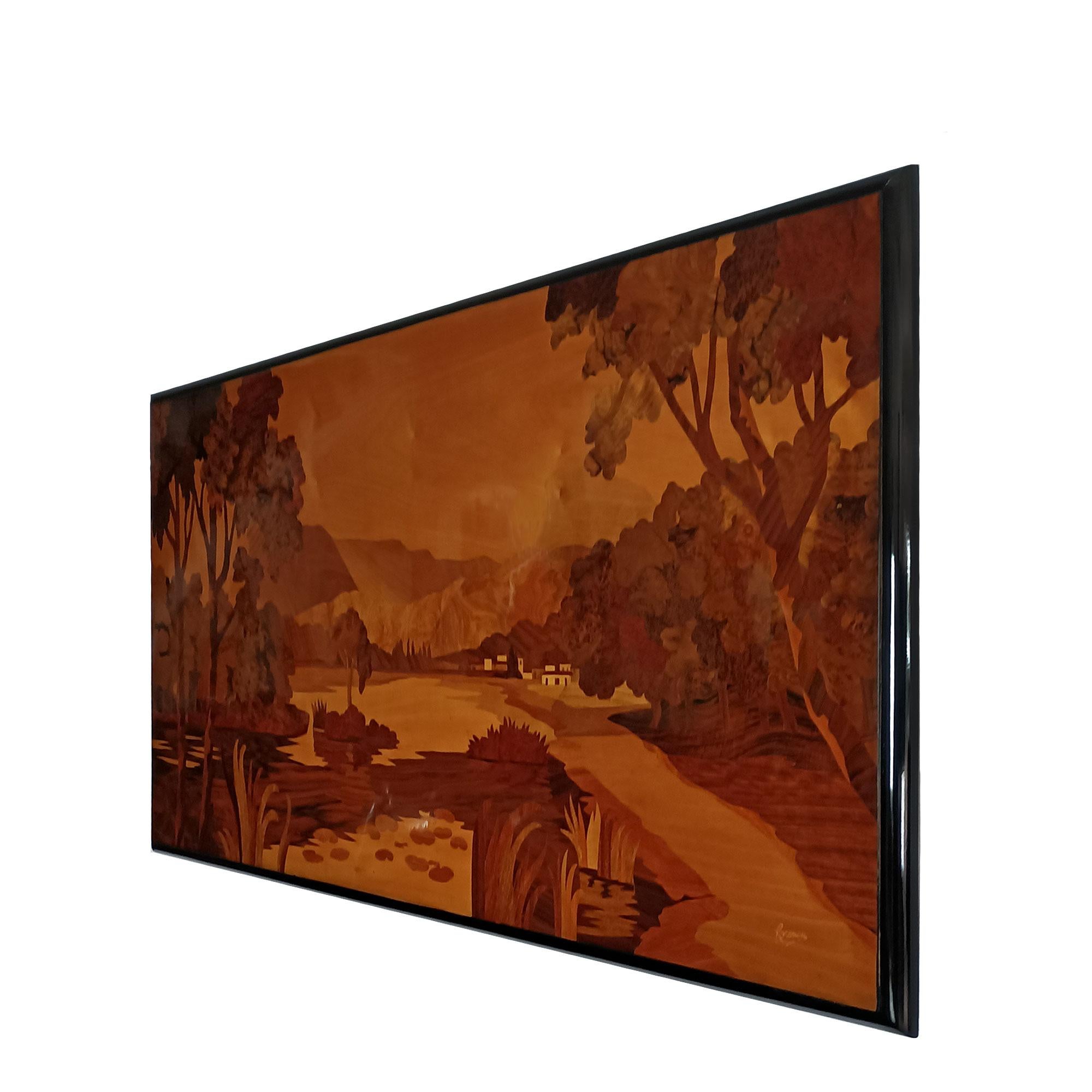 Art Deco decorative panel in wood veneered with different kind of woods, representing a mountain lake landscape. French polish.

Signed Pierre Rosenau in lower right angle.

France circa 1920-30