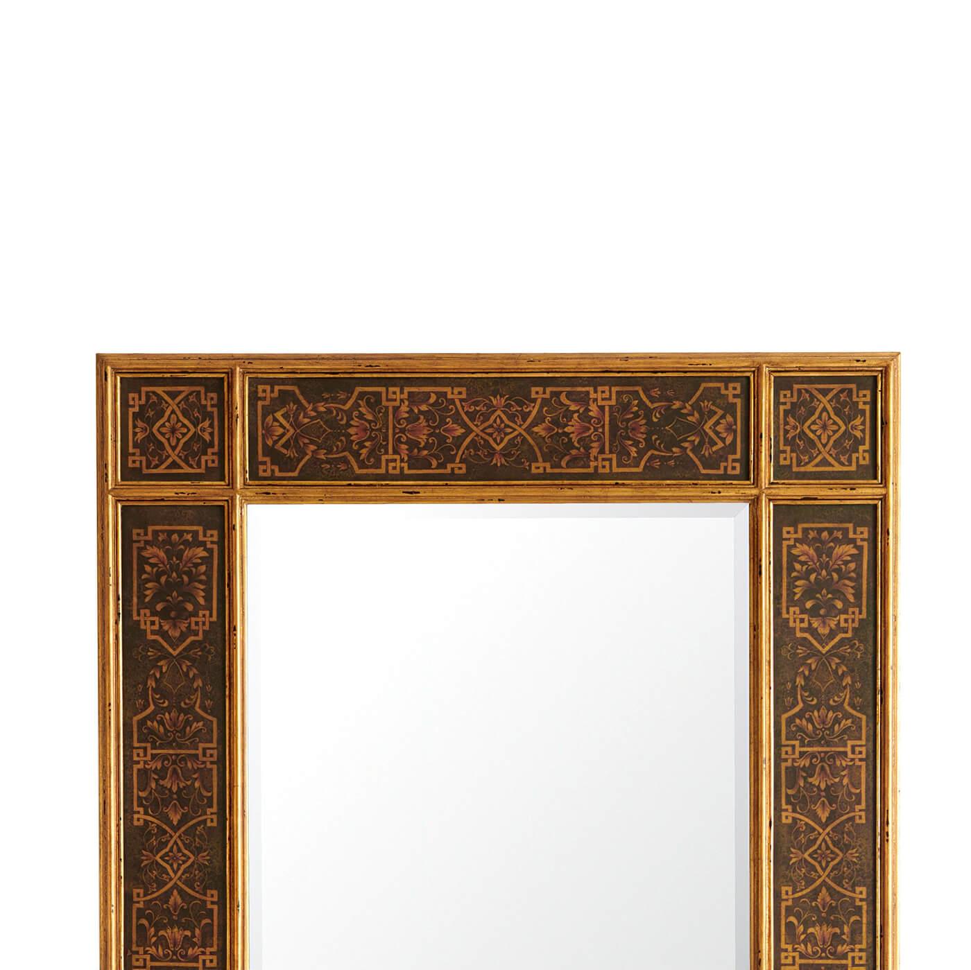 An Art Deco style decoupage mirror, reverse Kufic decoupage and giltwood framed mirror, the rectangular frame enclosing a similar beveled edge plate.

Dimensions: 36.25