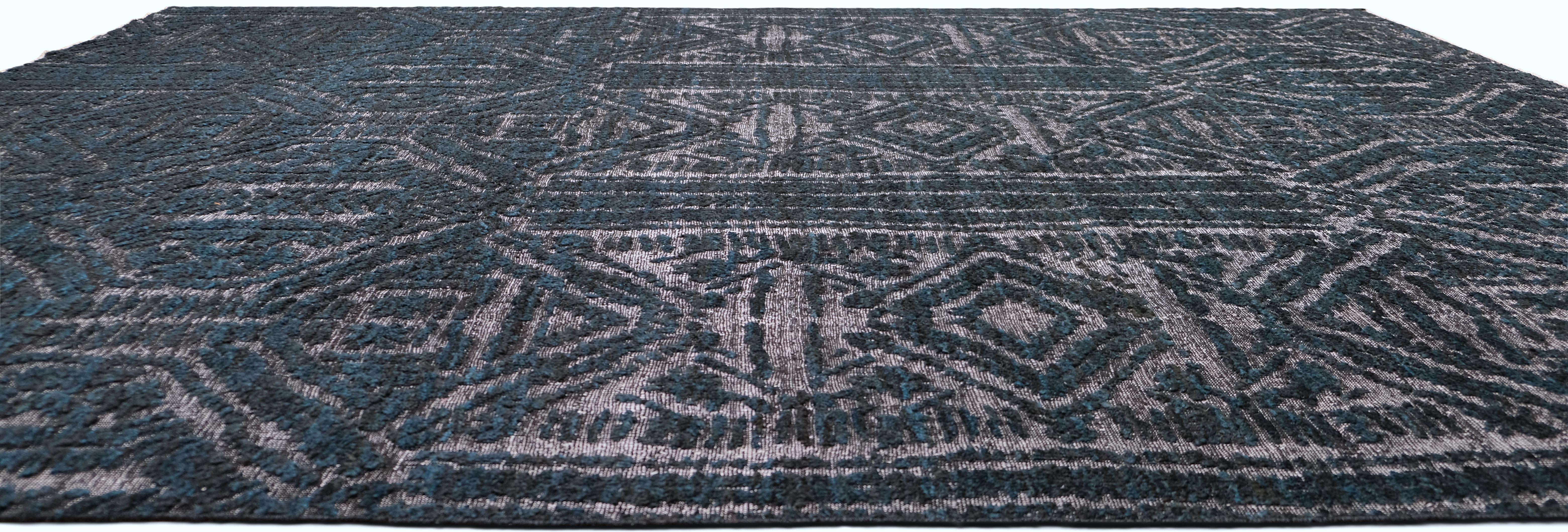Pakistano Tappeto Geometrico in Lana Art Deco Deep Green 9'3''x12'1'' in vendita