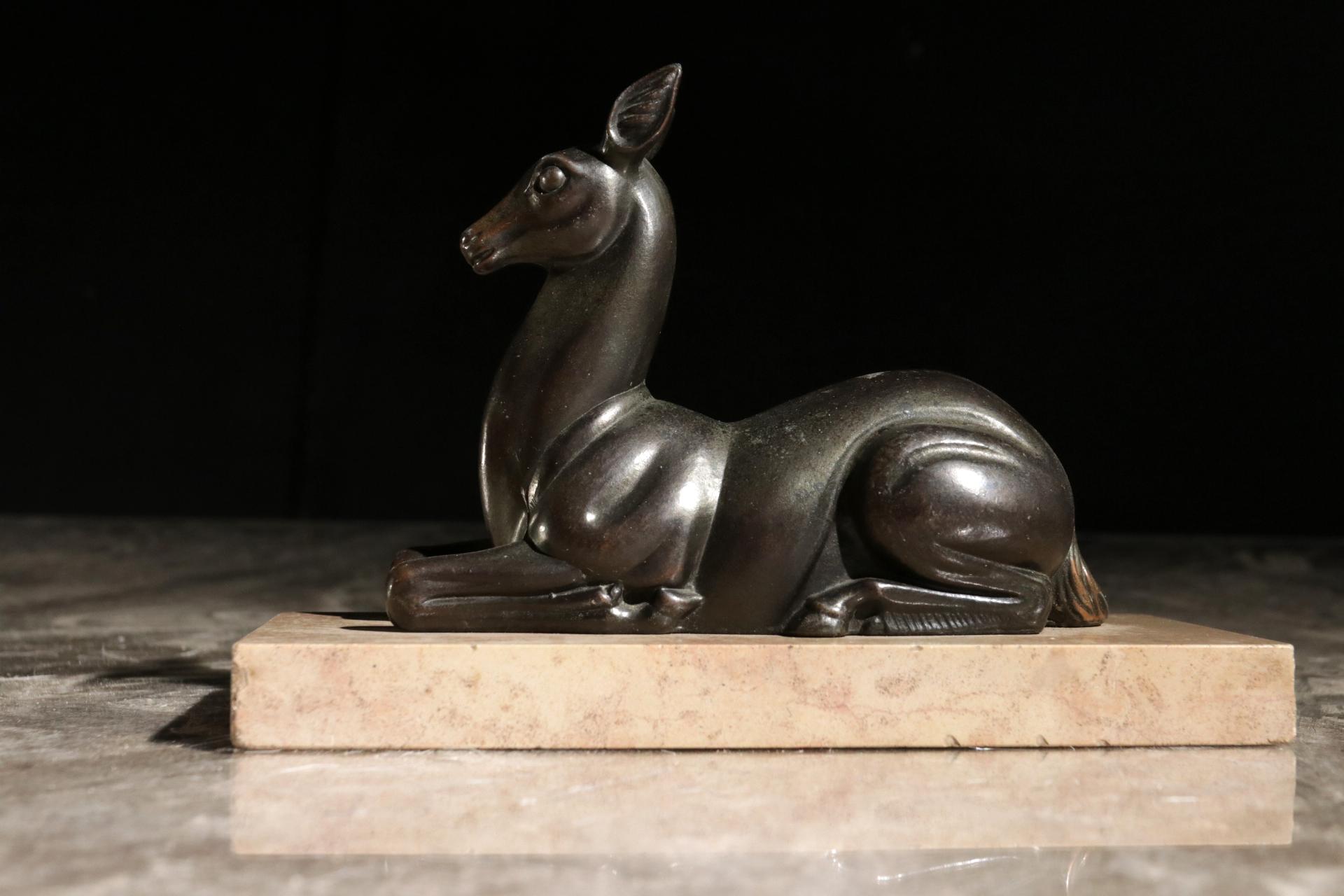 French Art Deco Deer Spelter on Marble, circa 1930