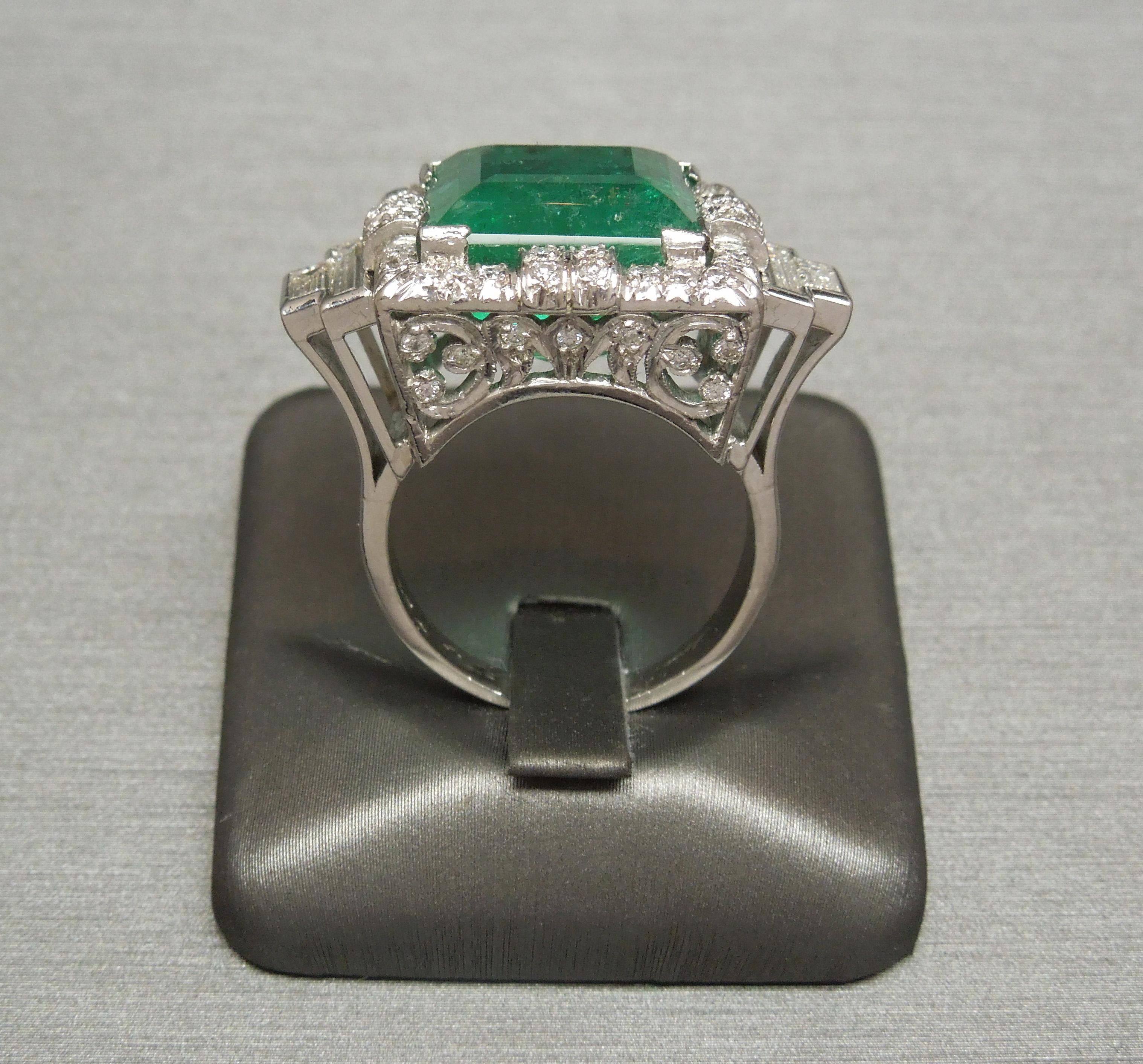 Emerald Cut Art Deco Defined 12.75 Carat GIA Colombian Emerald Platinum Ring For Sale