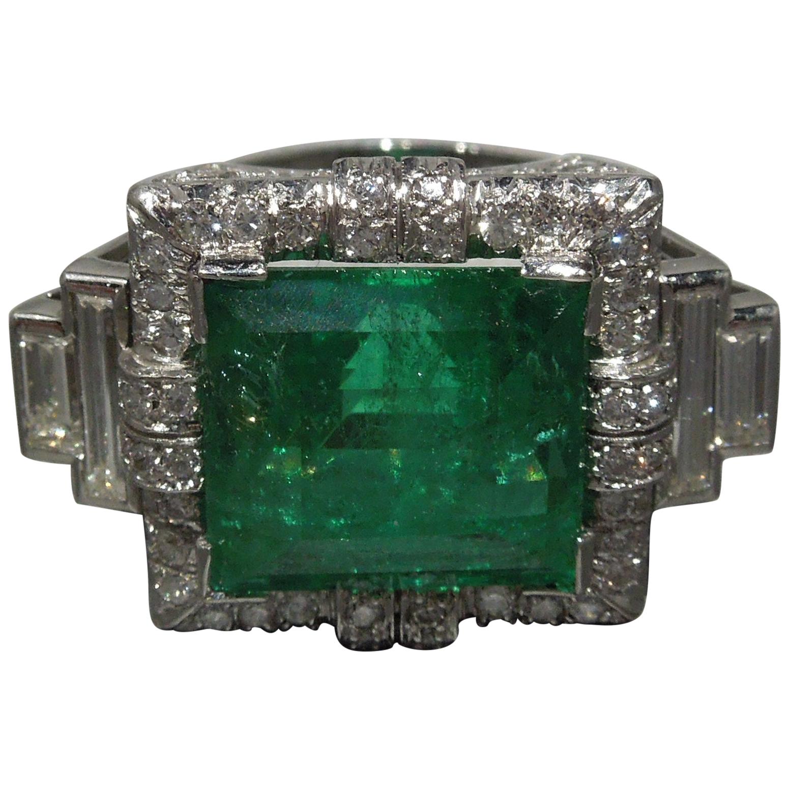 Art Deco Defined 12.75 Carat GIA Colombian Emerald Platinum Ring For Sale
