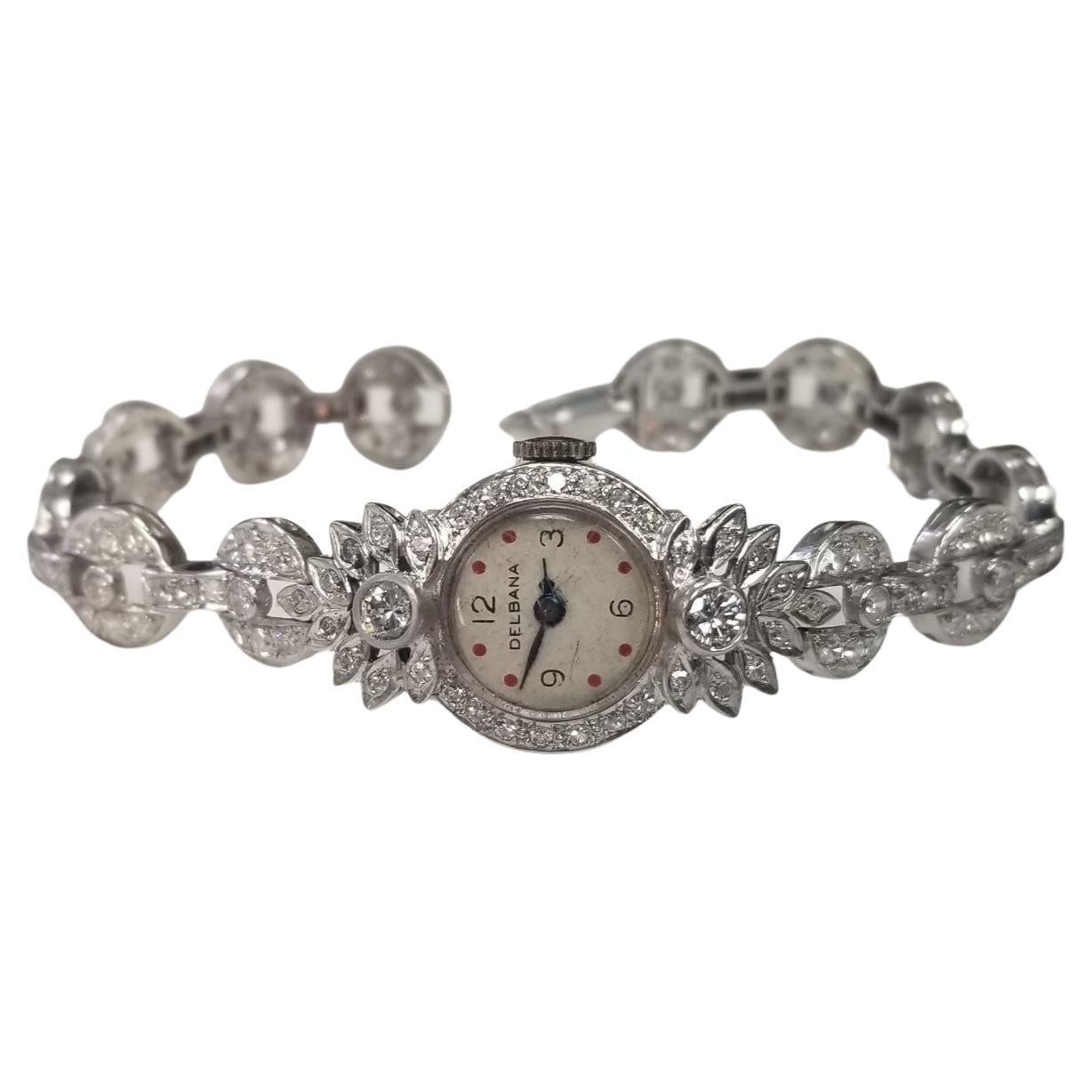 Bracelet montre-bracelet Art décoDelbana en platine avec diamants de 3,05 carats