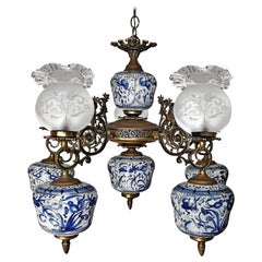 Art Deco Delft Blue Porcelain, Gilt Bronze and Etched Glass Oil Lamp Chandelier