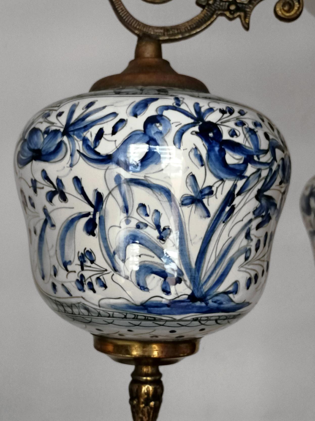 Portuguese Art Deco Delft Blue Porcelain, Gilt Bronze and Etched Glass Oil Lamp Chandelier