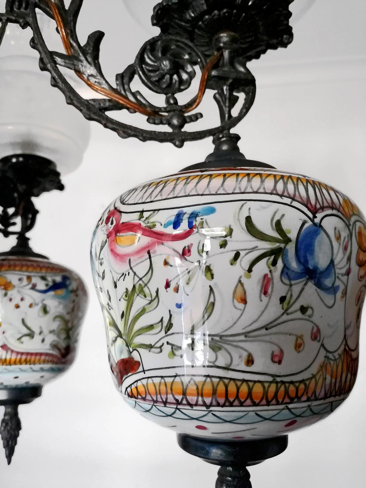 Mid-Century Modern Art Deco Delft Porcelain in Polychrome Colors & Etched Glass Oil Lamp Chandelier