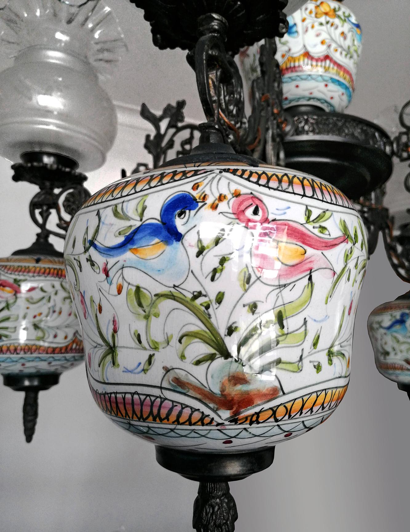 Portuguese Art Deco Delft Porcelain in Polychrome Colors & Etched Glass Oil Lamp Chandelier