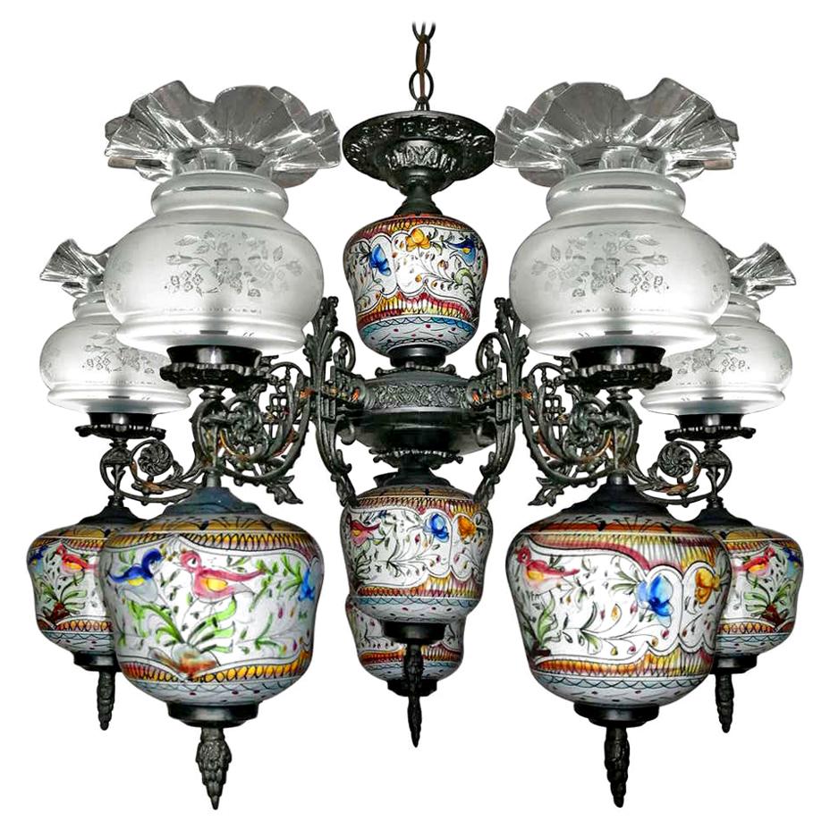 Art Deco Delft Porcelain in Polychrome Colors & Etched Glass Oil Lamp Chandelier