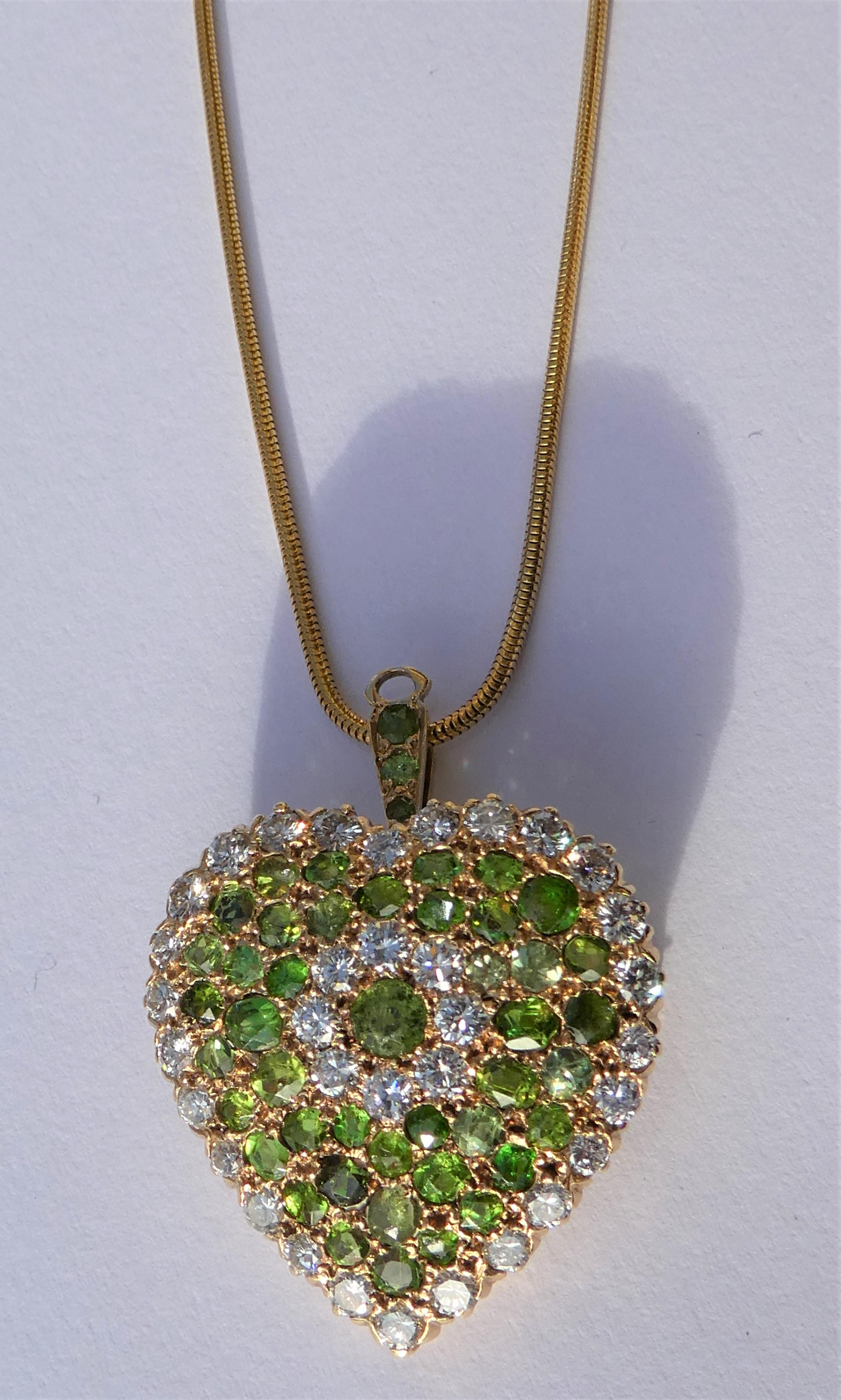 Art Deco Demantoid Diamond Gold Heart Brooch Pendant For Sale 5