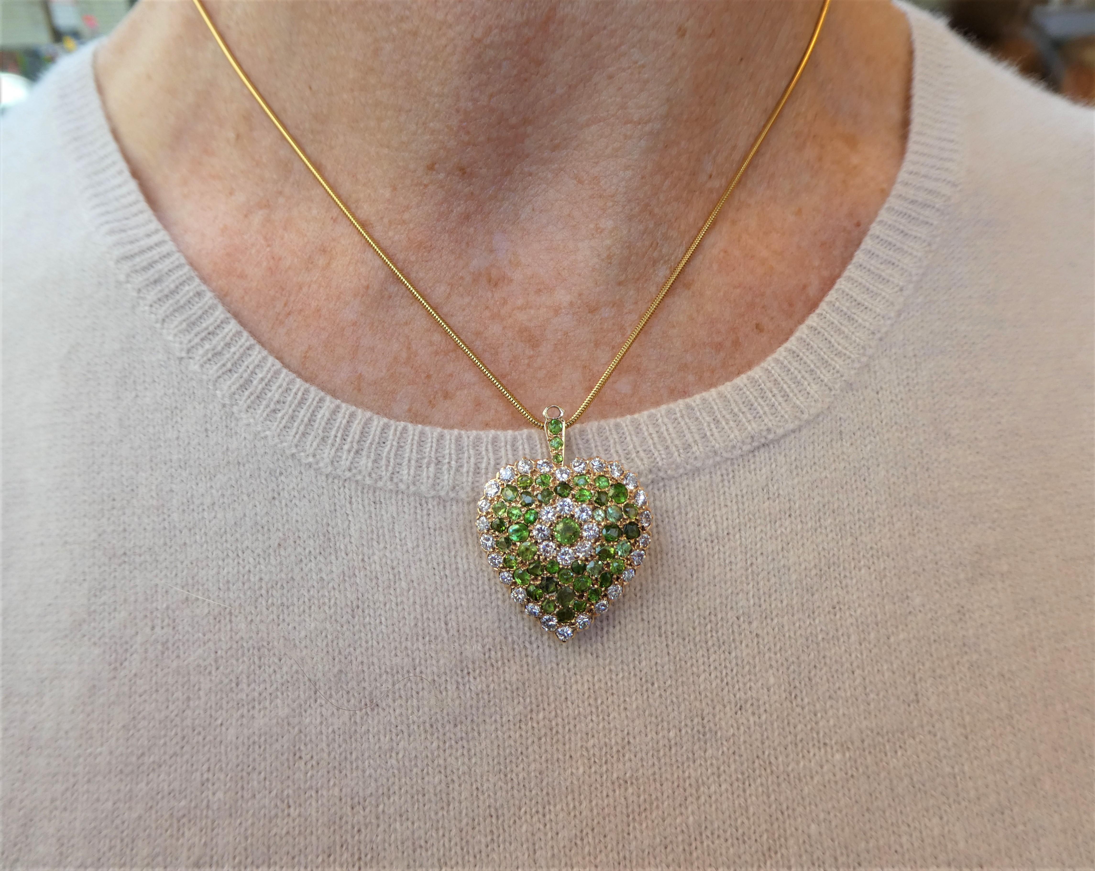 Art Deco Demantoid Diamond Gold Heart Brooch Pendant For Sale 7