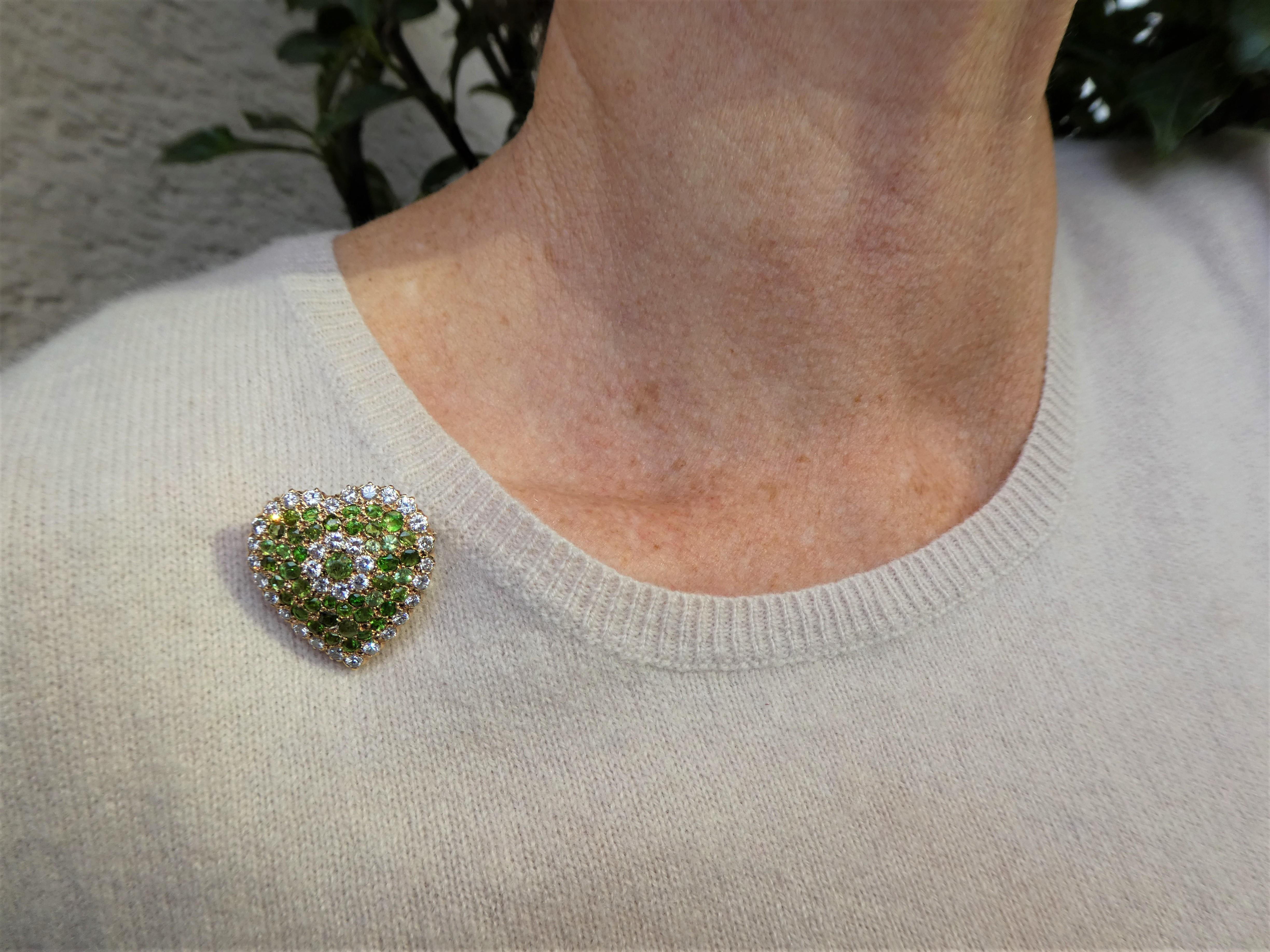 Art Deco Demantoid Diamond Gold Heart Brooch Pendant For Sale 8